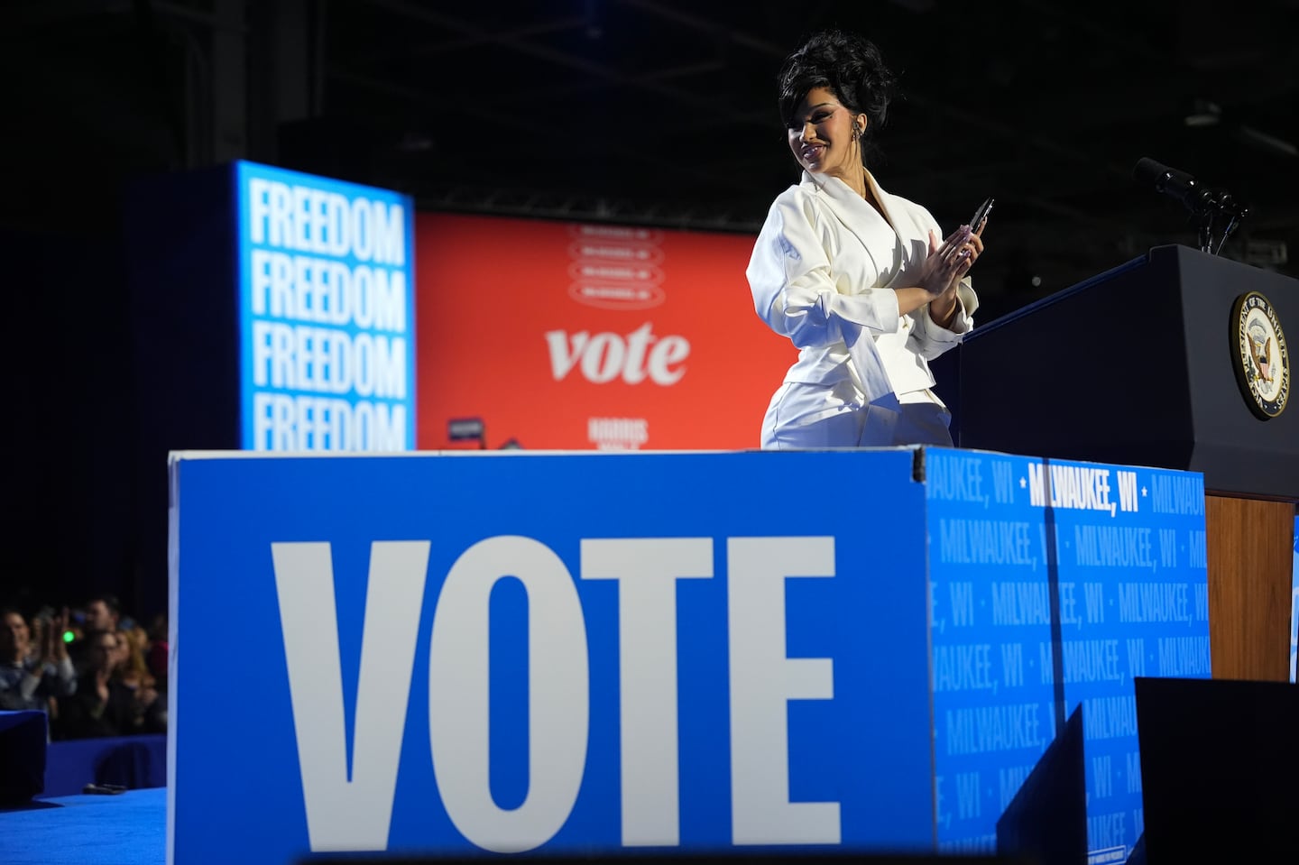 Cardi B spoke during a campaign rally for Vice President Kamala Harris at the Wisconsin State Fair Park Exposition Center on Nov. 1 in West Allis, Wis.