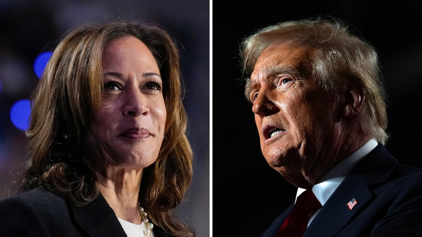 This combination of photos shows Democratic presidential nominee Vice President Kamala Harris, left, speaking during a rally in Charlotte, N.C., on Sept. 12, and Republican presidential nominee former president Donald Trump, right, speaking during a rally in Warren, Mich., on Nov. 1.