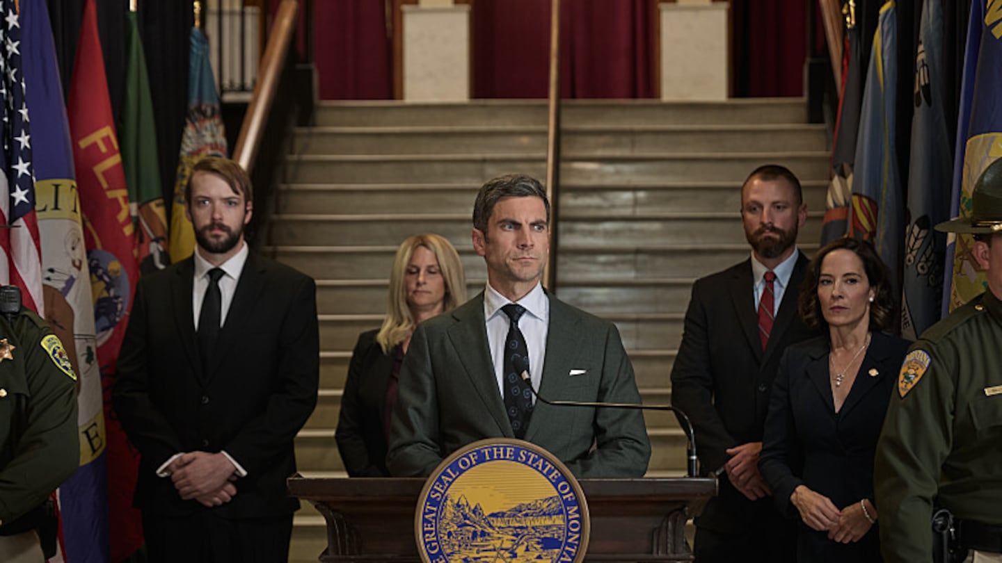 Wes Bentley as Jamie Dutton and Wendy Moniz as Governor Perry on "Yellowstone."