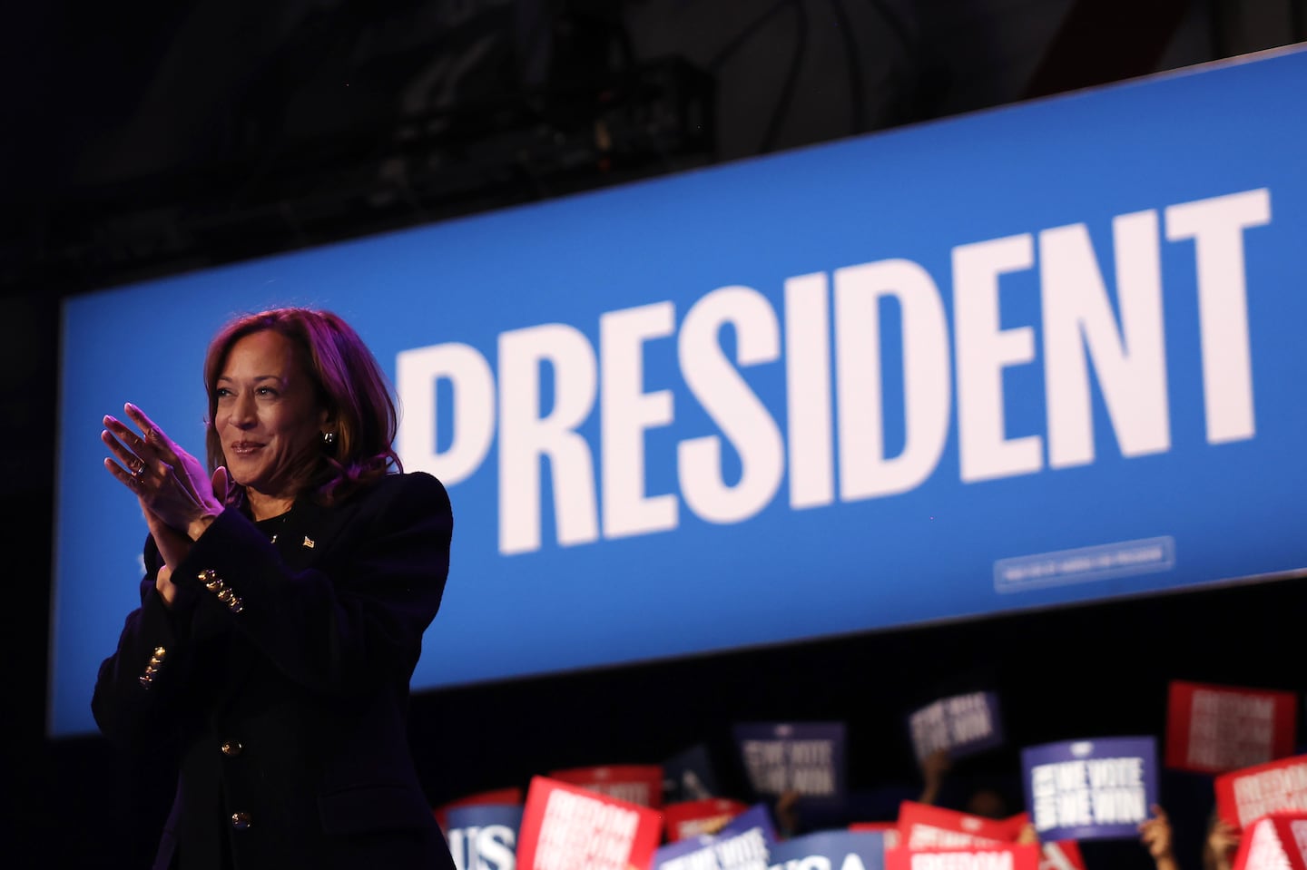 Democratic presidential nominee, US Vice President Kamala Harris takes the stage during a rally at Muhlenberg College Memorial Hall on November 04, 2024 in Allentown, Pennsylvania.