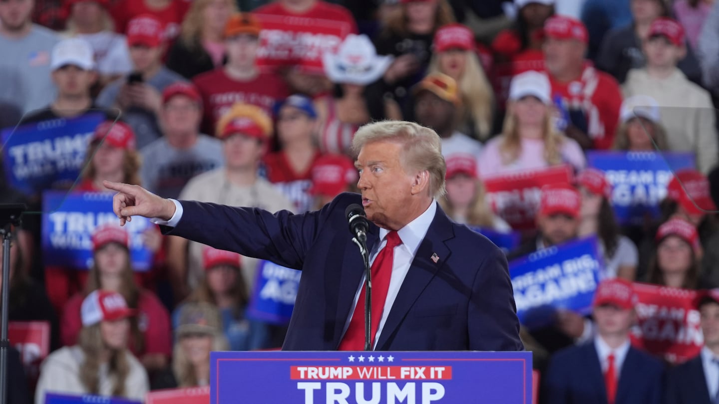 Republican presidential nominee former president Donald Trump speaks during a campaign rally at J.S. Dorton Arena, Monday, Nov. 4, 2024, in Raleigh, N.C.