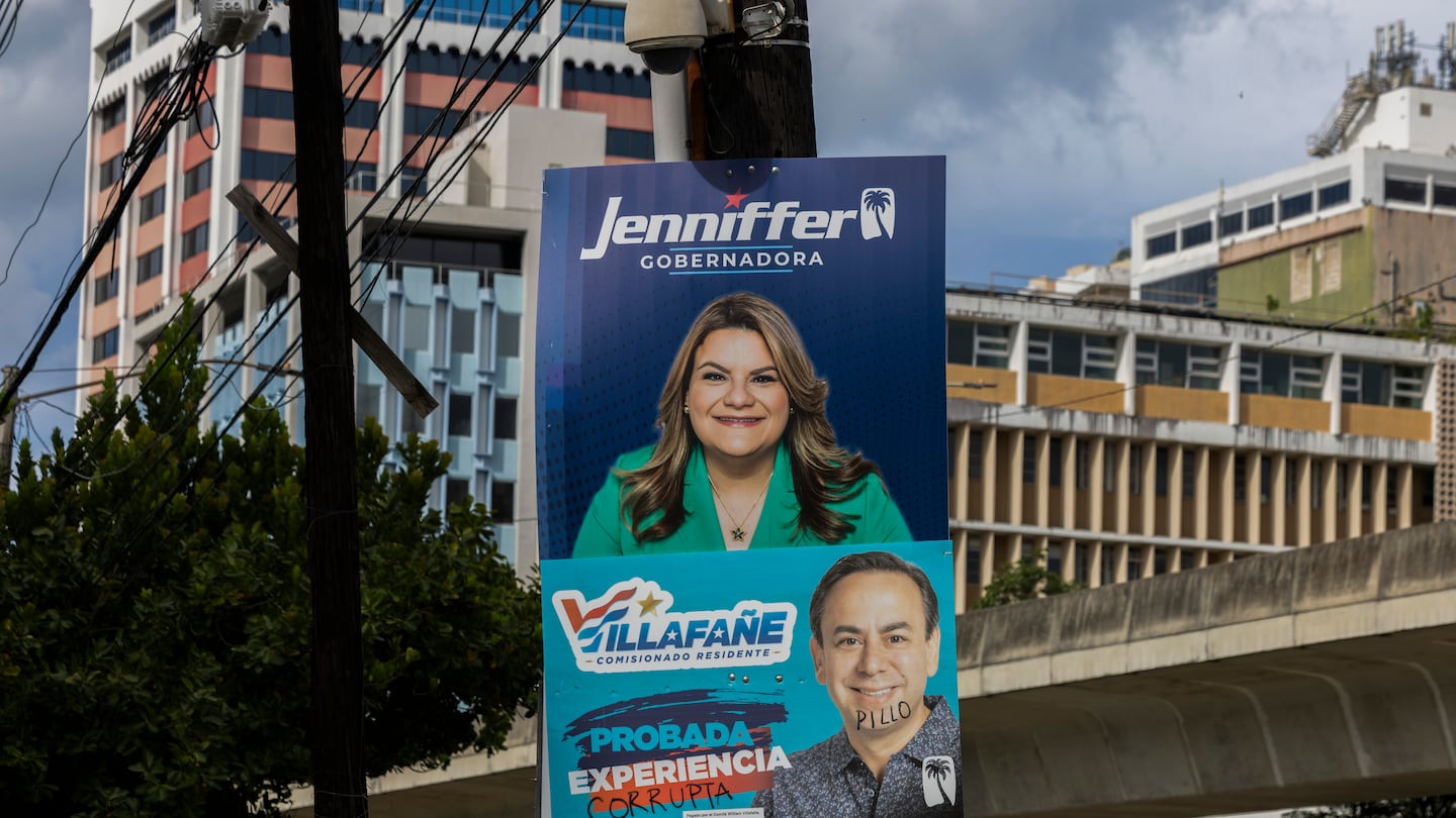 A campaign poster for Jenniffer González, Puerto Rico’s representative in Congress and the New Progressive Party gubernatorial candidate, in San Juan