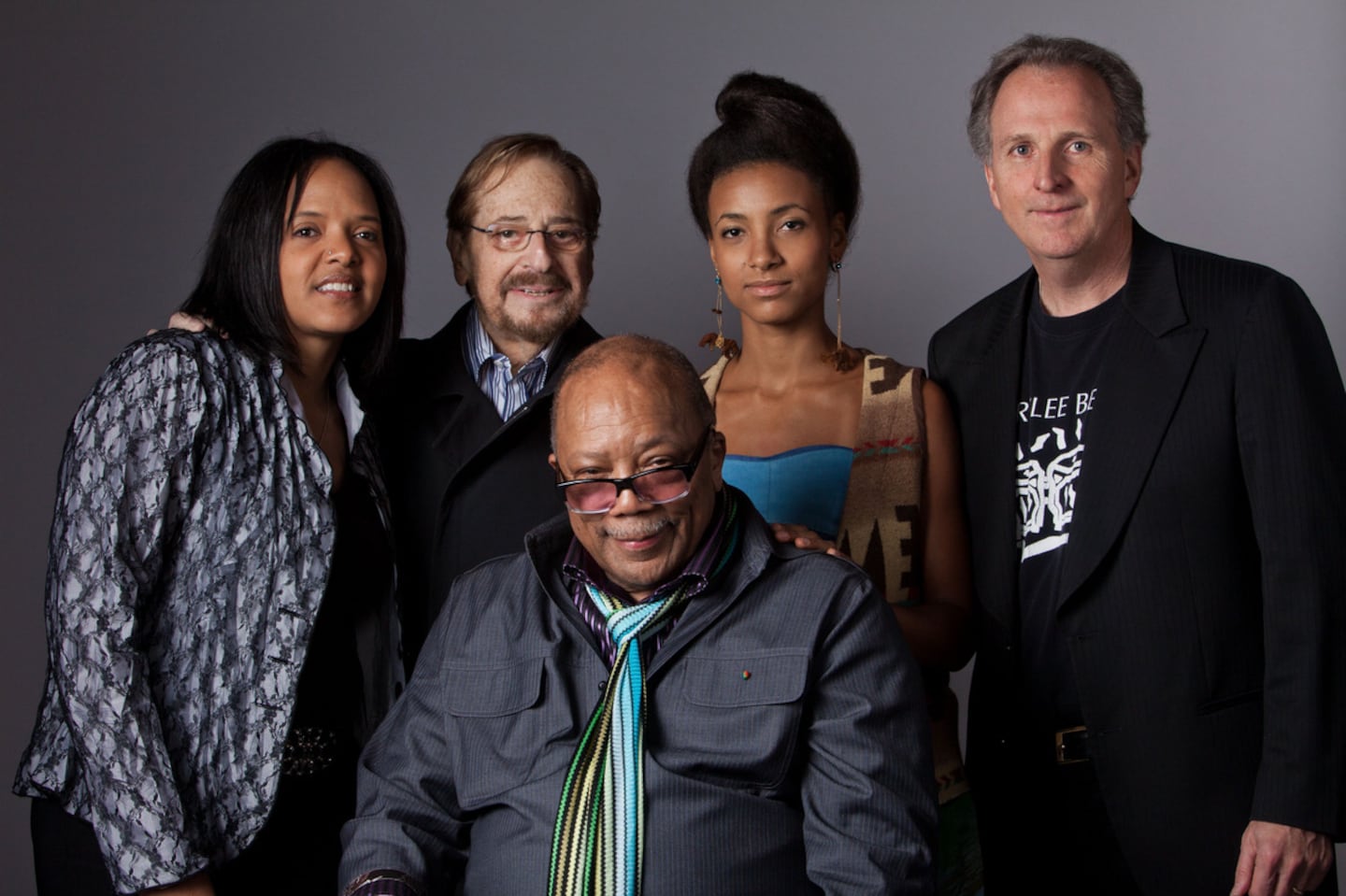 In 2014, Quincy Jones, center, attended a reception in Los Angeles for Berklee alumni nominated for Grammy Awards. Pictured with him from left are professor Terri Lyne Carrington, Berklee trustee Phil Ramone, Grammy winner Esperanza Spalding, and then-Berklee president Roger Brown.