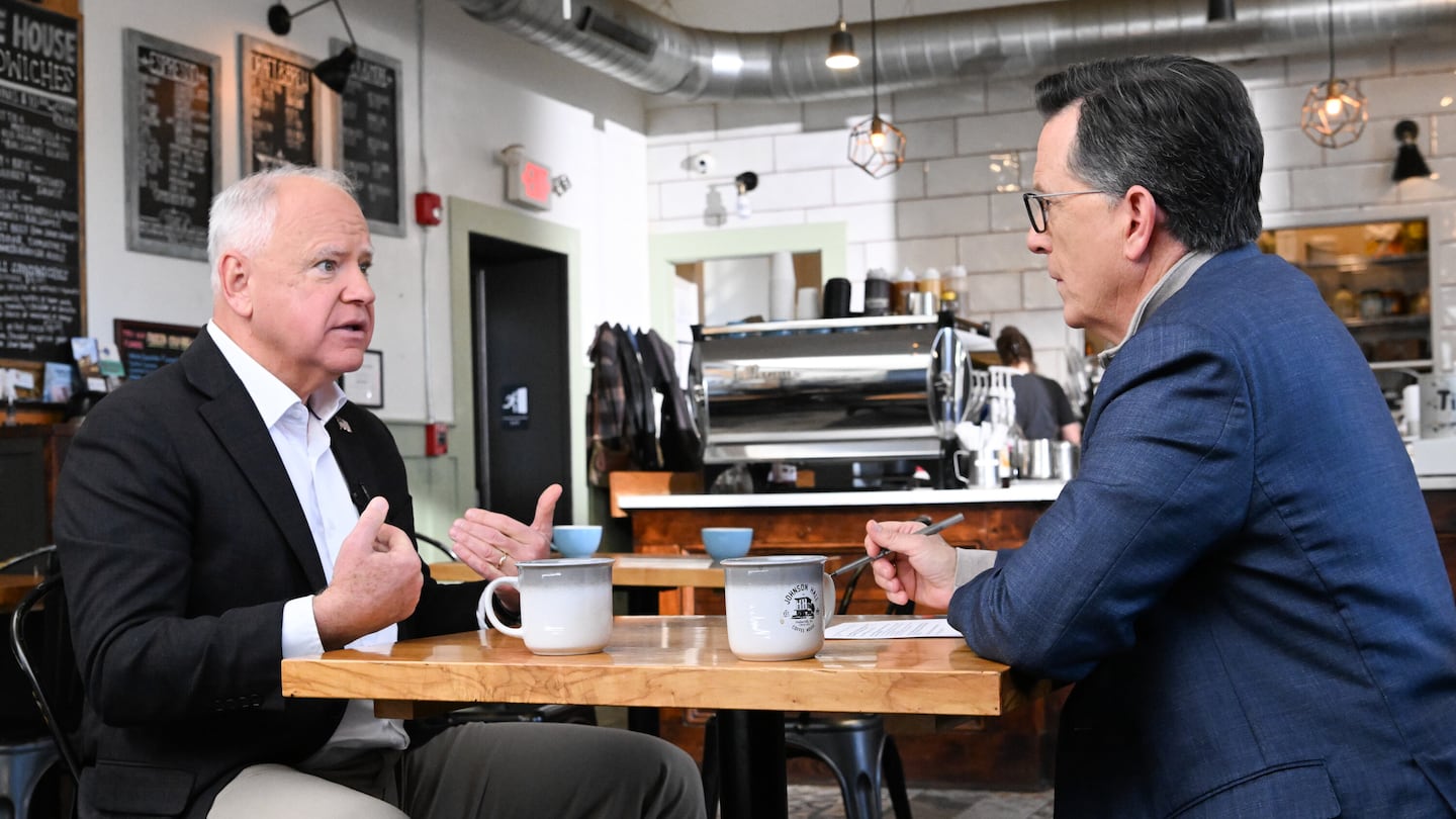 "The Late Show with Stephen Colbert" and guest Gov. Tim Walz (left) during Monday's show.