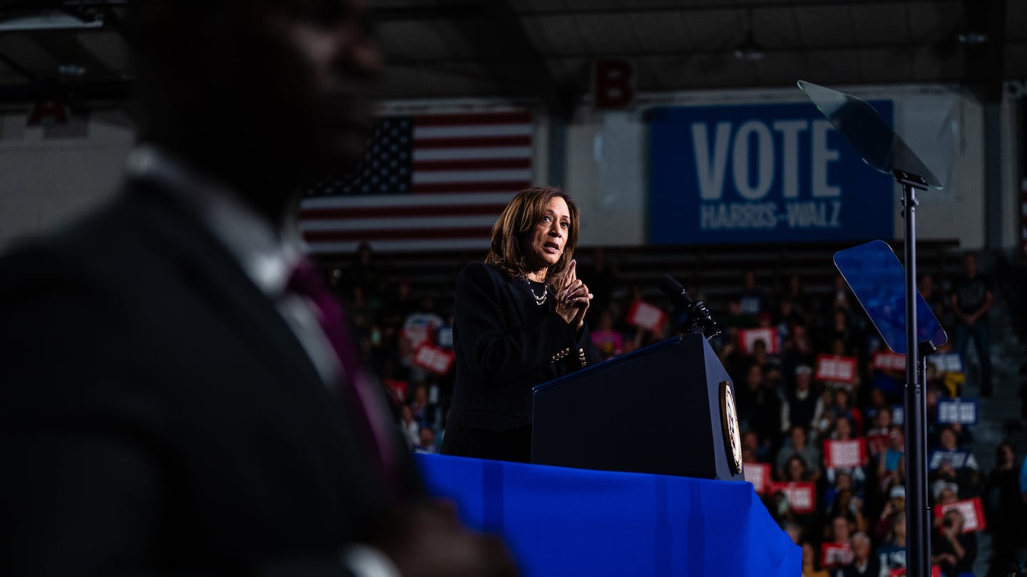 Vice President Kamala Harris speaks during a campaign rally at Memorial Hall on the campus of Muhlenberg College in Allentown, Pa., on Nov. 4.