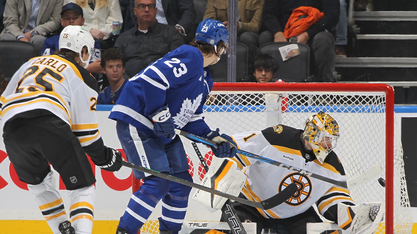 Matthew Knies tipped the puck past Jeremy Swayman in the third period for the Maple Leafs' third power-play goal of the game.