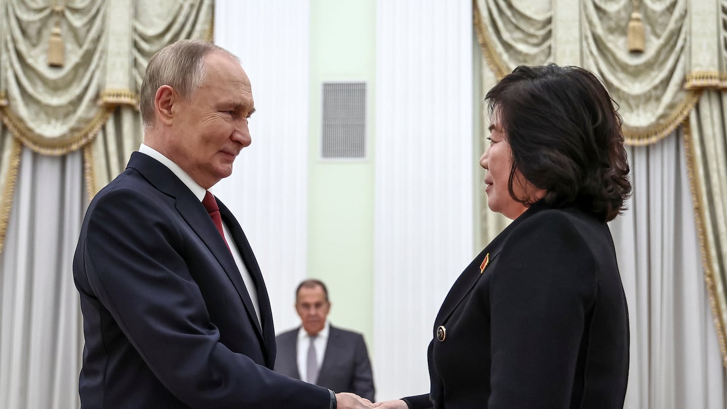 Russian President Vladimir Putin greets North Korean Foreign Minister Choe Son Hui during their meeting at the Kremlin in Moscow, Russia, on Nov. 4.