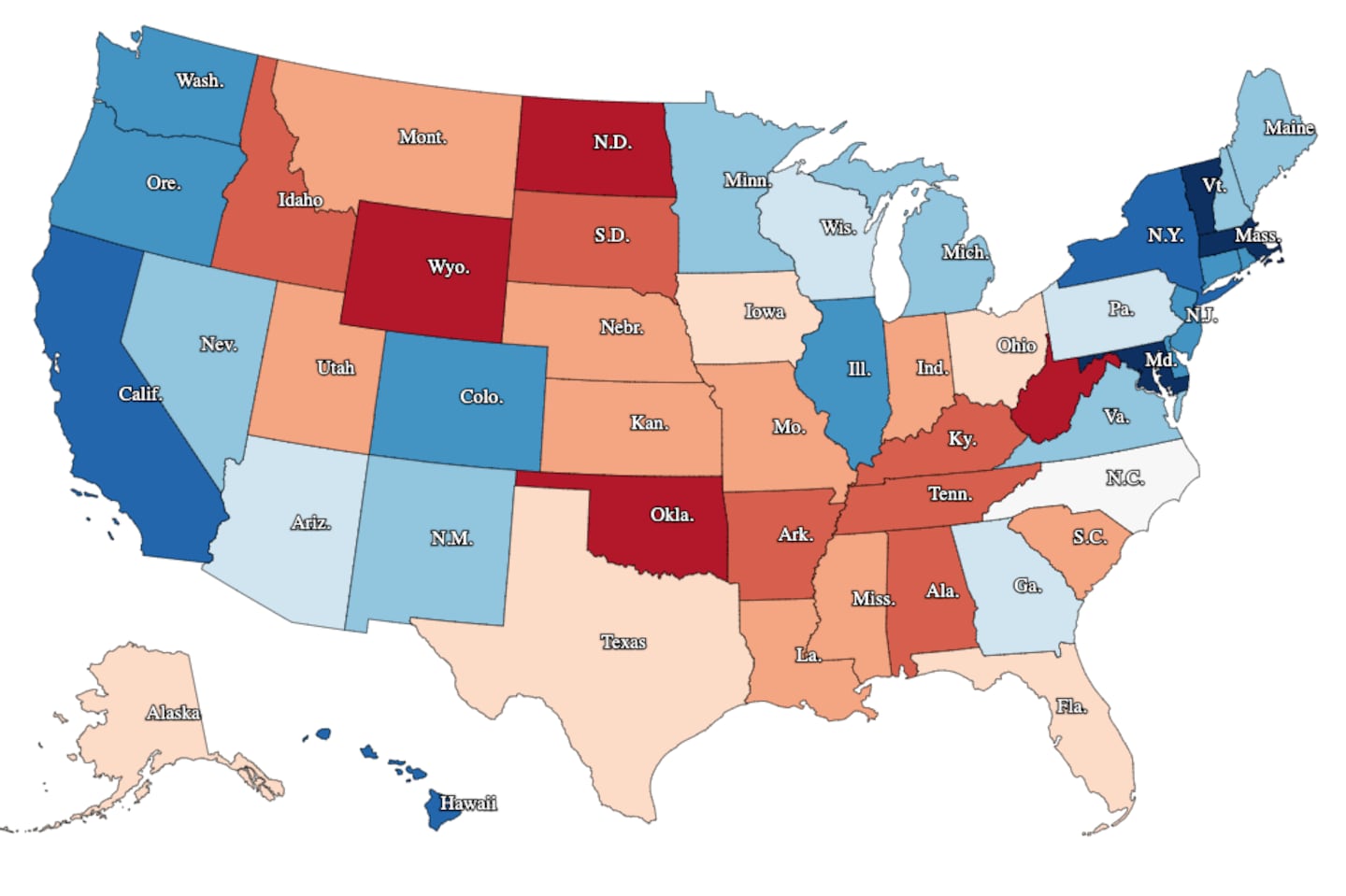 The voting results from the 2020 presidential election mapped along a gradient instead of plain red and blue.