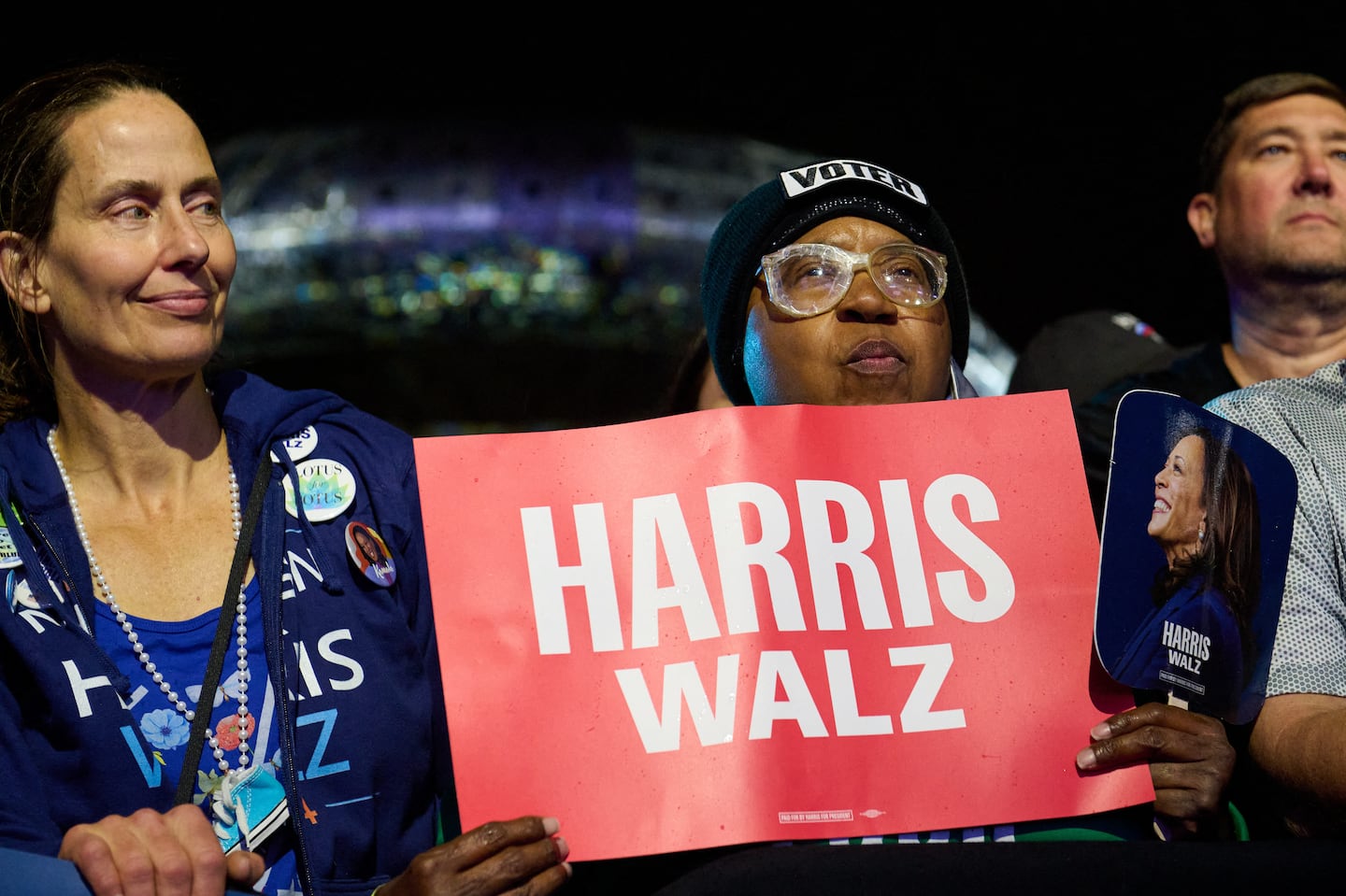 Supporters of Kamala Harris at a rally featuring Minnesota Gov. Tim Walz at Hart Plaza in downtown Detroit, Michigan during the 2024 presidential election, Monday, Nov. 4, 2024.