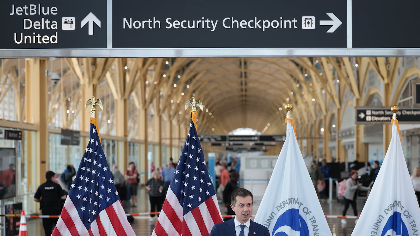 Transportation Secretary Pete Buttigieg spoke during a news conference at Washington National Airport in April. 