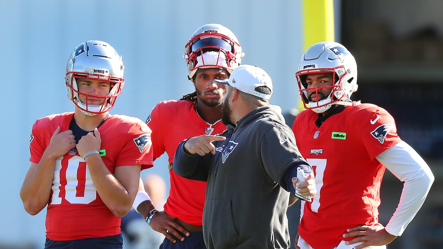 Quarterbacks Drake Maye, Joe Milton lll, and Jacoby Brissett (left to right) went through drills Wednesday as the Patriots prepared to play the Bears.