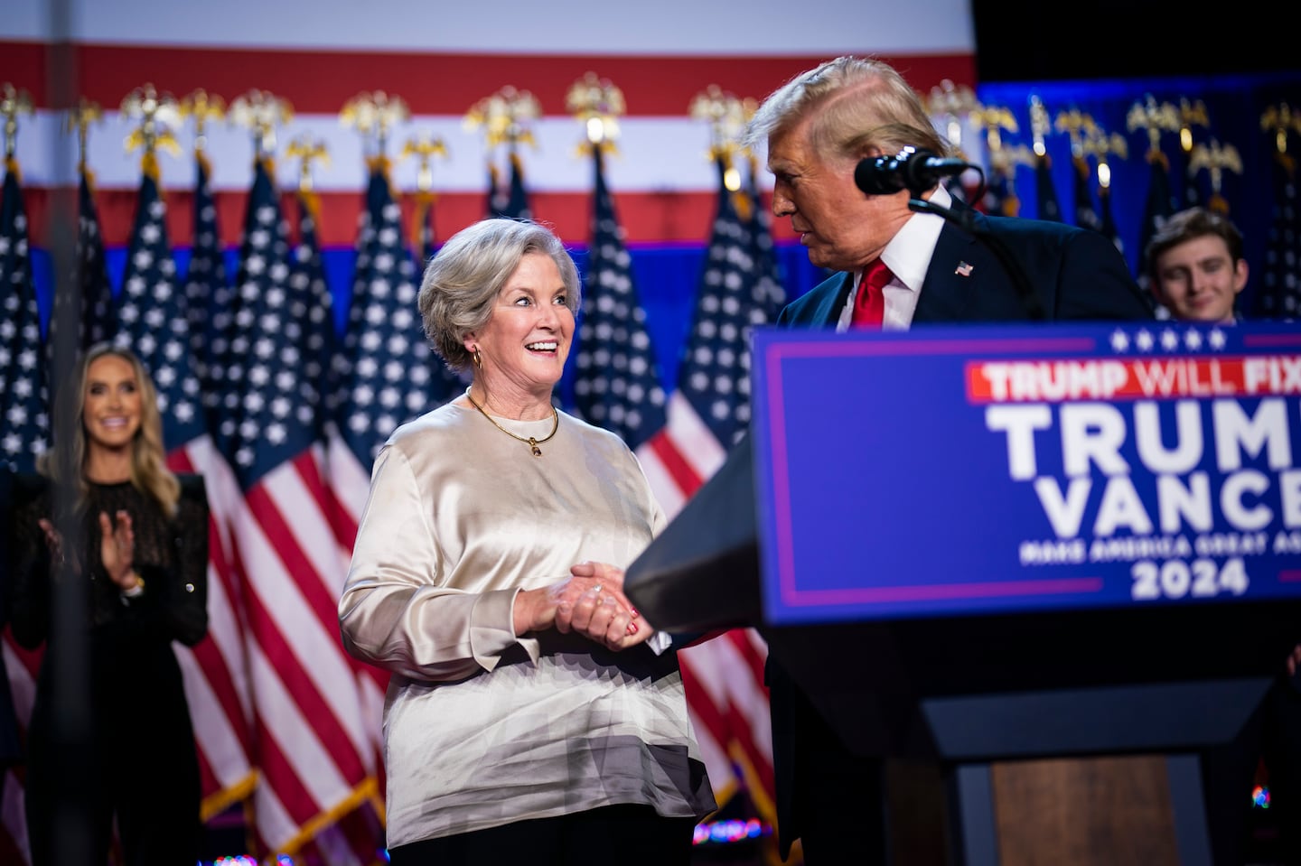 Susie Wiles, the next White House chief of staff, speaks with President-elect Donald Trump after he was declared the winner during an election night watch party in Palm Beach, Florida, in the early hours on Wednesday.