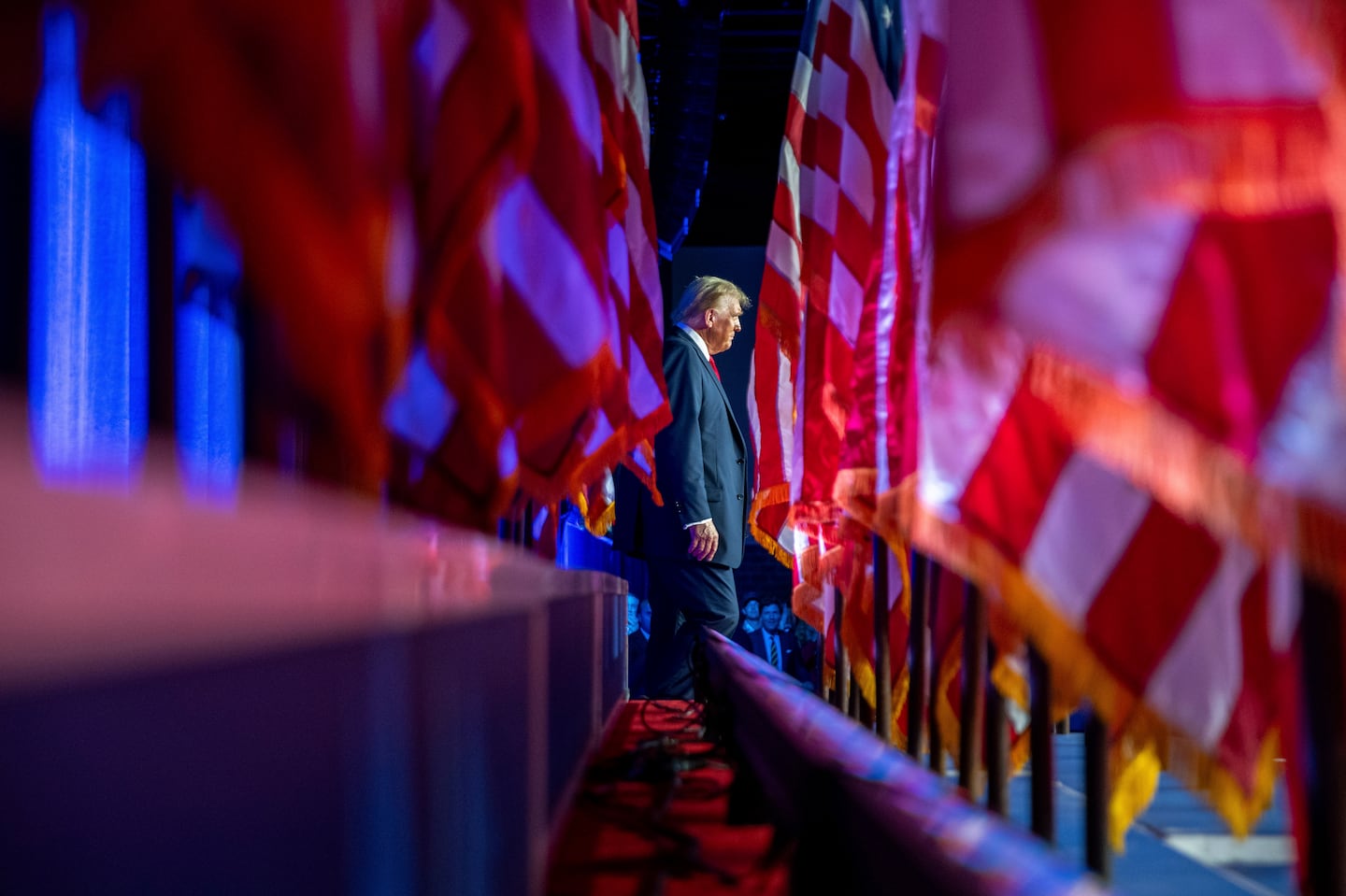 Republican presidential nominee Donald Trump arrived at an election night watch party at the Palm Beach Convention Center, Nov. 6, in West Palm Beach, Fla.