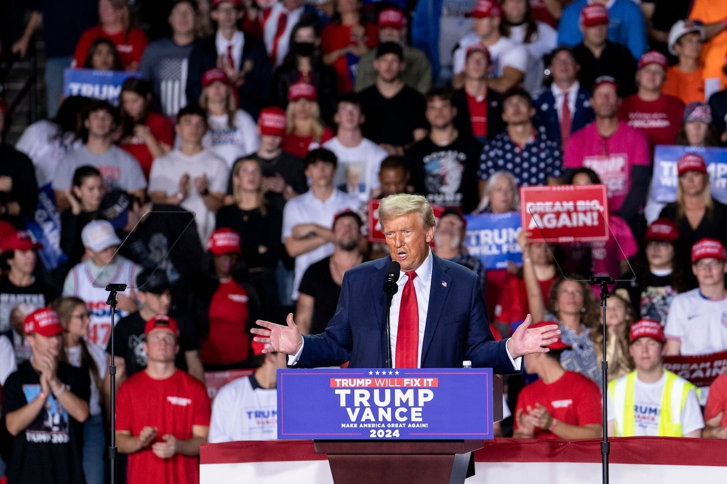 President-elect Donald Trump arrives at an election night watch party at the Palm Beach Convention Center, on Nov. 6.