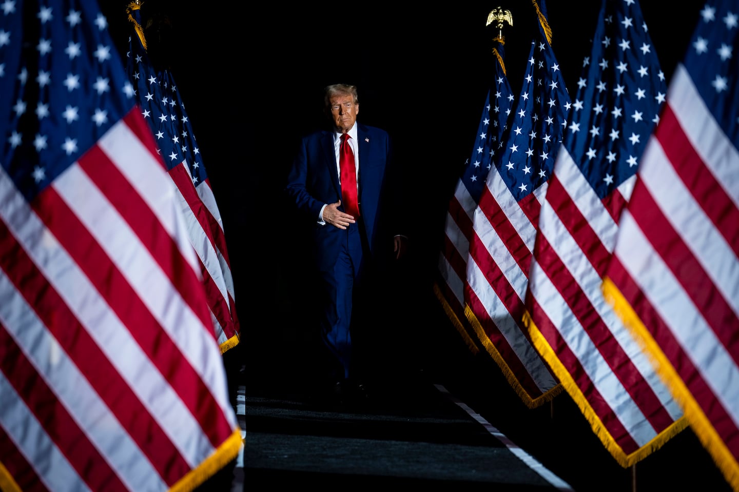 President-elect Donald Trump, the Republican presidential nominee, walks on stage during a campaign rally at Huntington Place in Detroit, on Oct. 18, 2024.