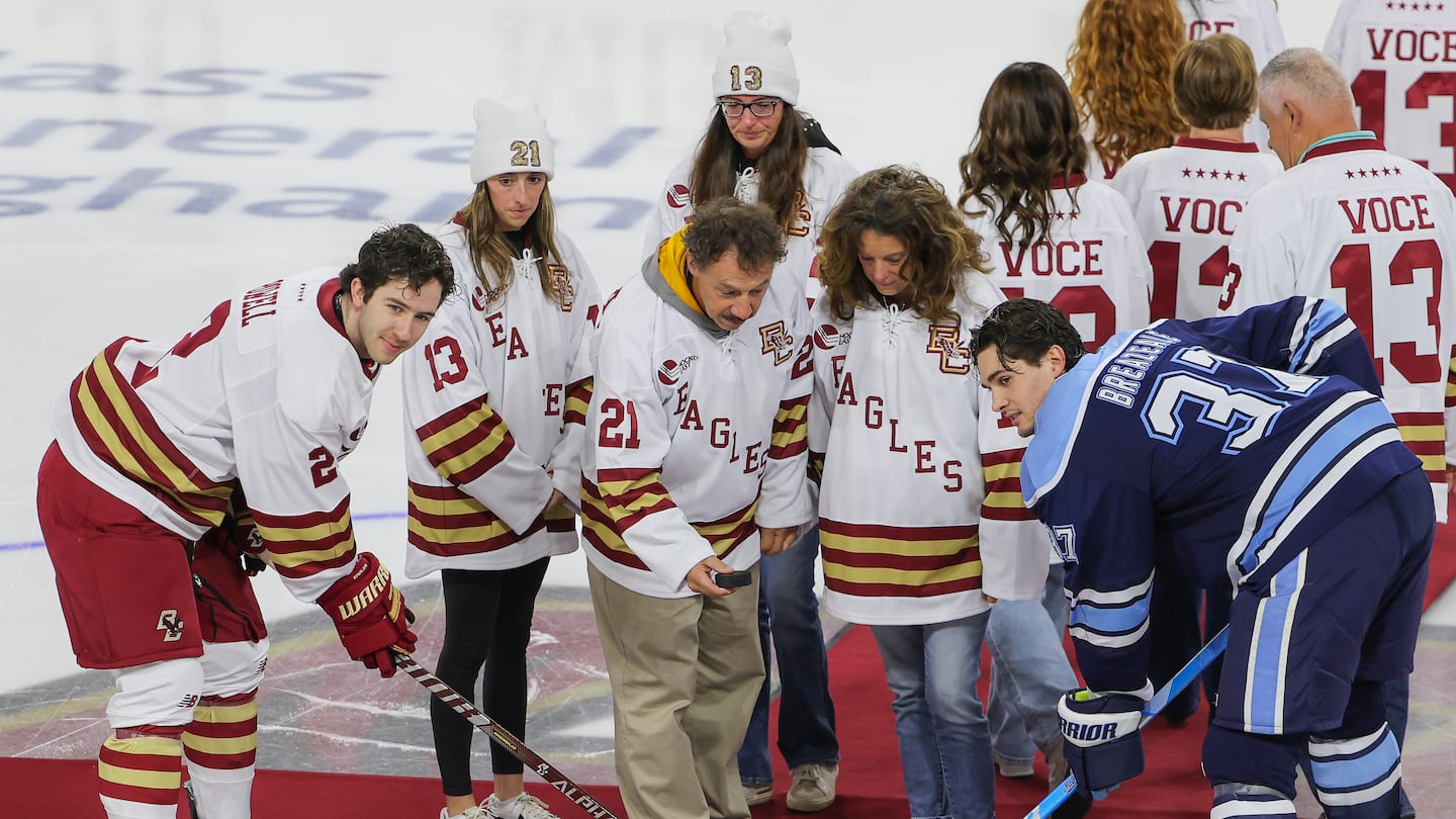 The family of Johnny and Matthew Gaudreau participated in a ceremonial puck drop before BC's game against Maine Friday night.