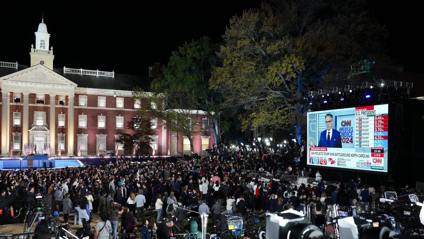 Attendees watched CNN during an election night event for Vice President Kamala Harris at Howard University in Washington, on Tuesday, Nov. 5, 2024.