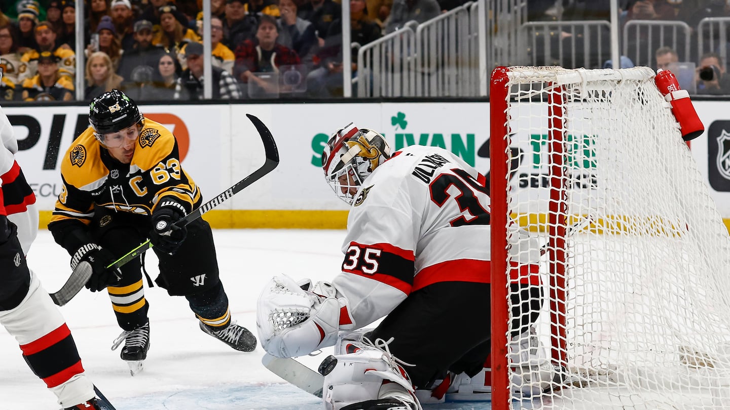 Brad Marchand couldn't get one past Linus Ullmark here, but the Bruins' captain did end up with a second-period goal that briefly put the Bruins ahead.