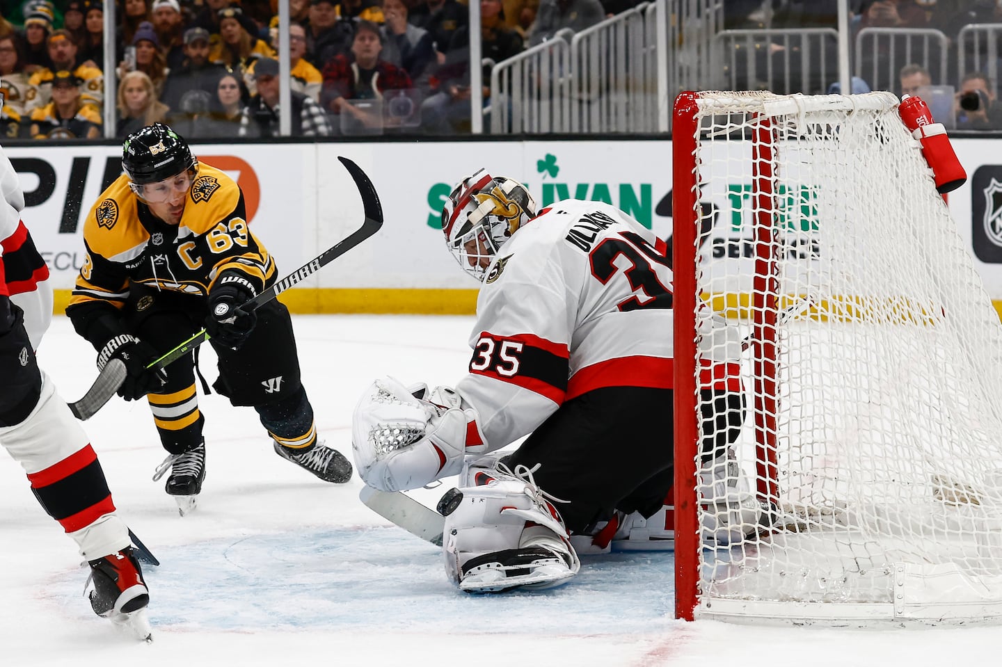 Brad Marchand couldn't get one past Linus Ullmark here, but the Bruins' captain did end up with a second-period goal that briefly put the Bruins ahead.