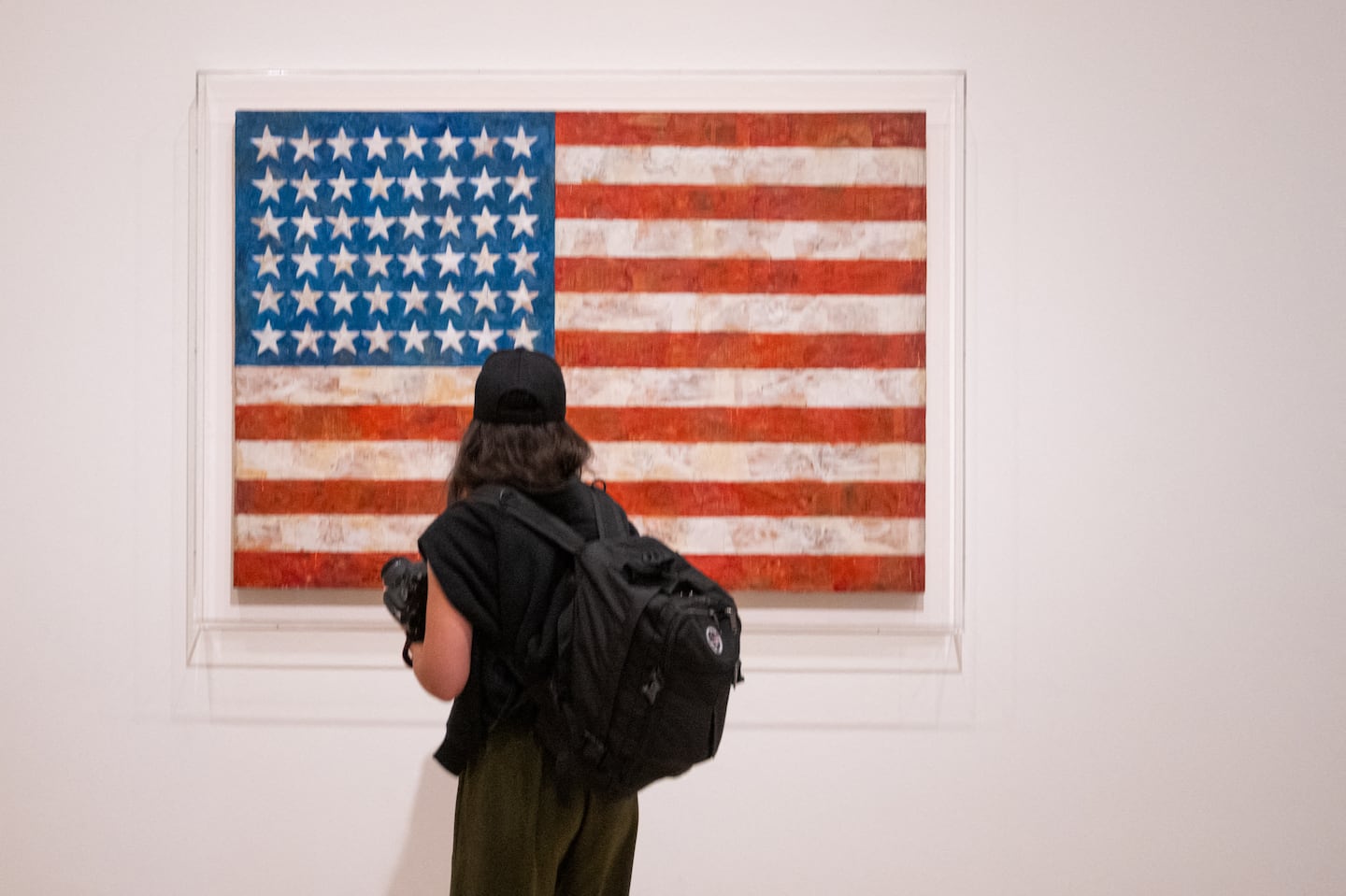 A visitor to the Museum of Modern Art in New York stopped at "Flag" (1954) by Jasper Johns in August.