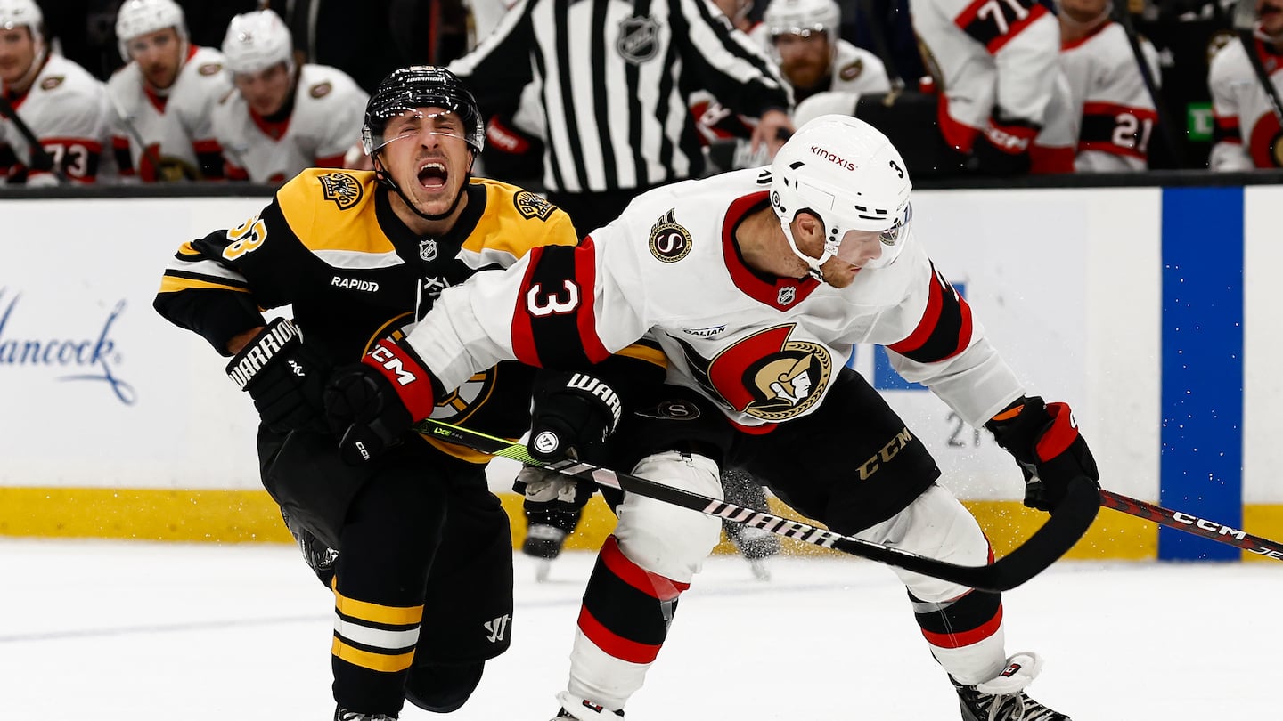 Brad Marchand and the Bruins lost to Nick Jensen and the Senators on Saturday.