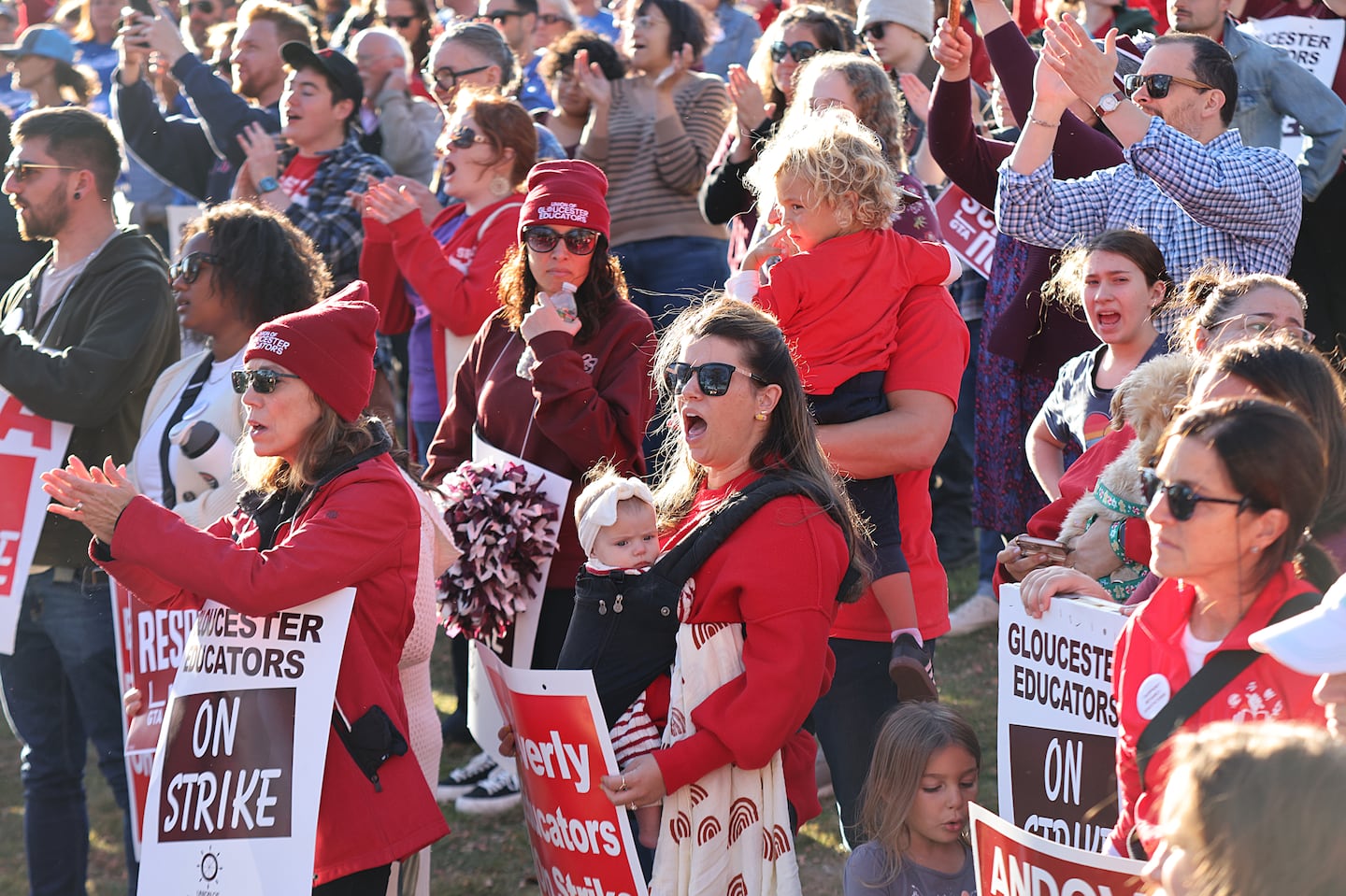 All three striking teachers' unions held a solidarity rally on Monday at Stage Fort Park Gazebo in Gloucester.