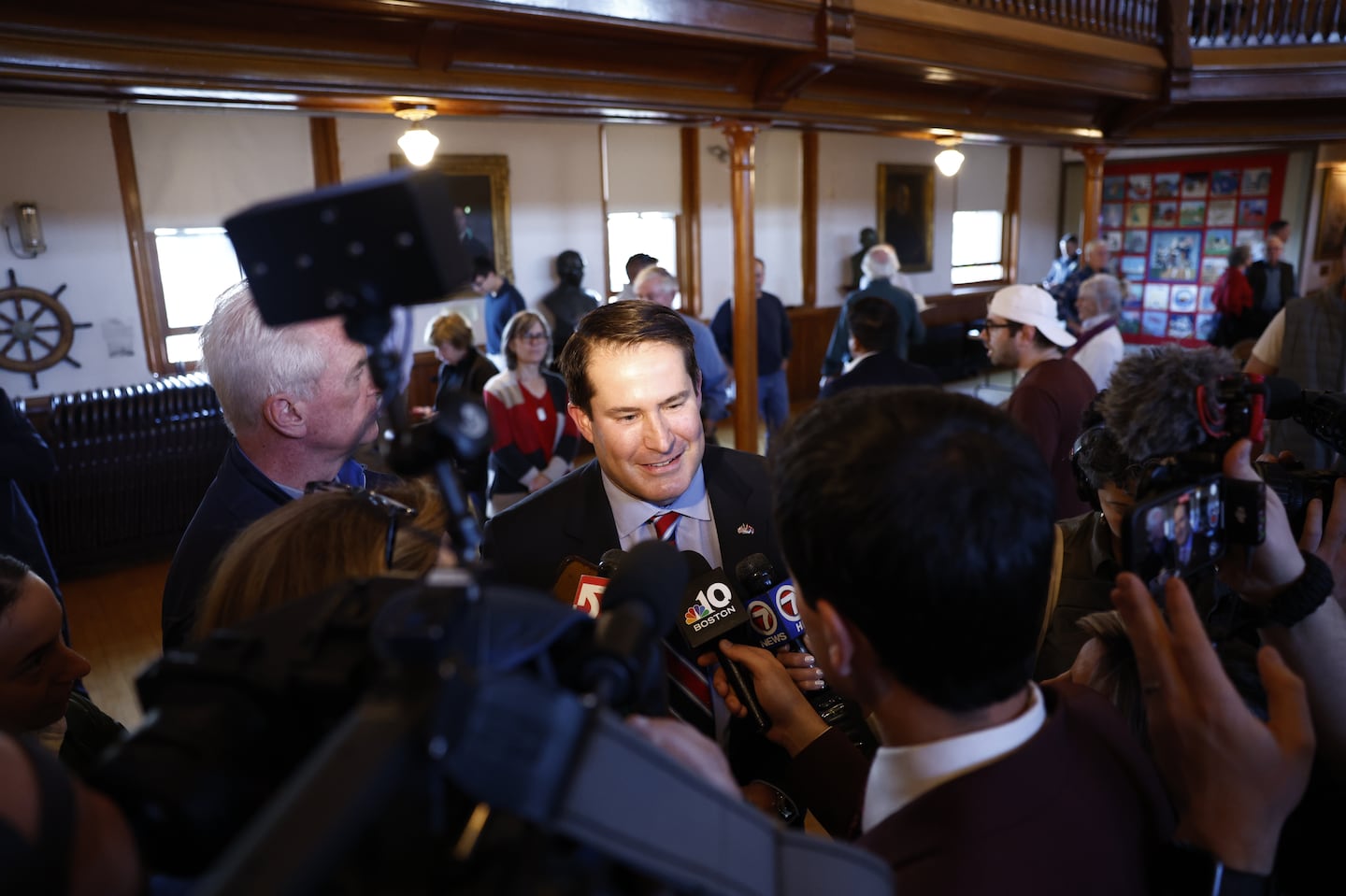 US Representative Seth Moulton speaks to reporters after a Veterans Day town hall at Abbot Hall on Nov. 11 in Marblehead, MA.