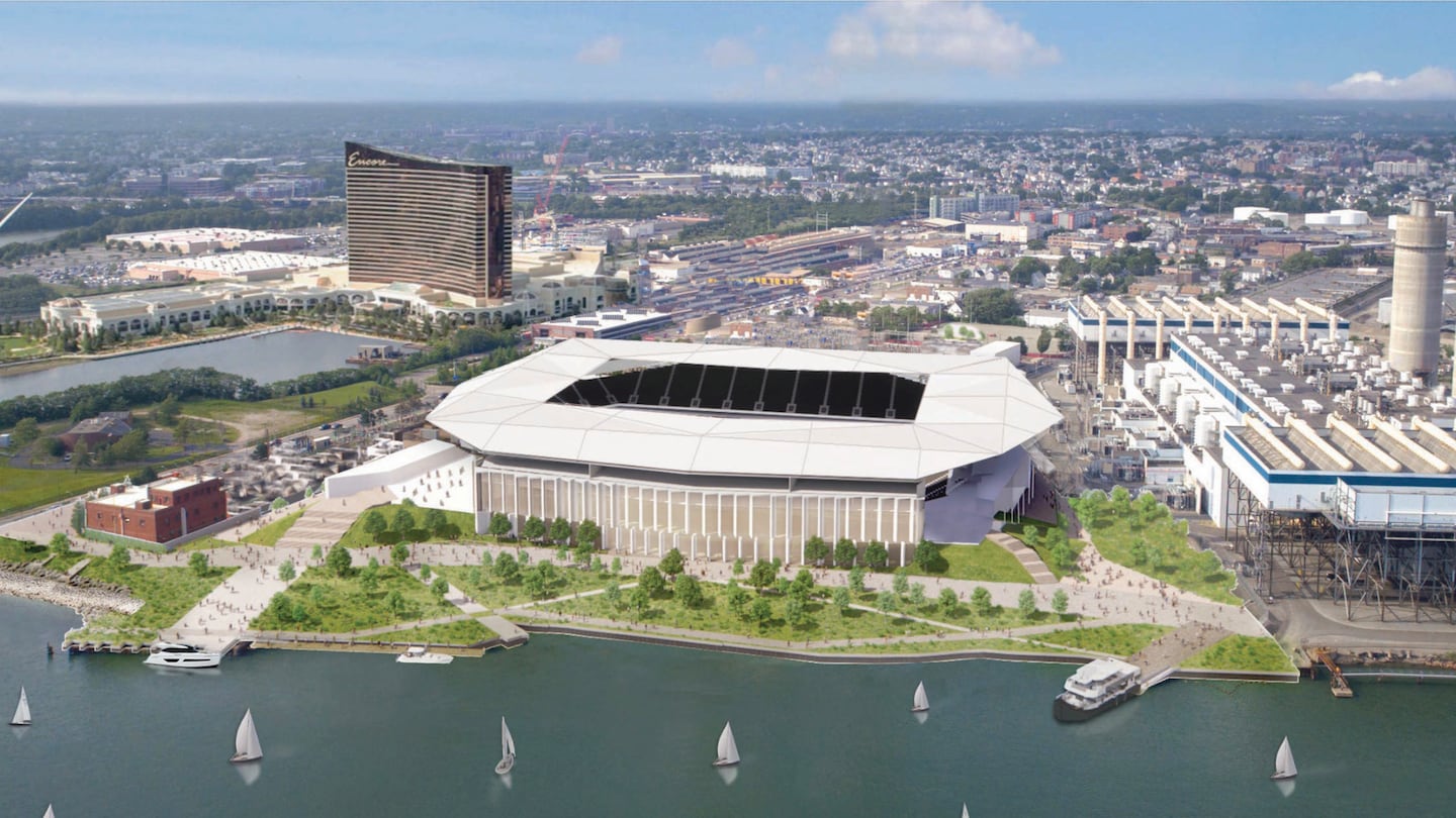 A rendering of the proposed soccer stadium along the Mystic River in Everett.