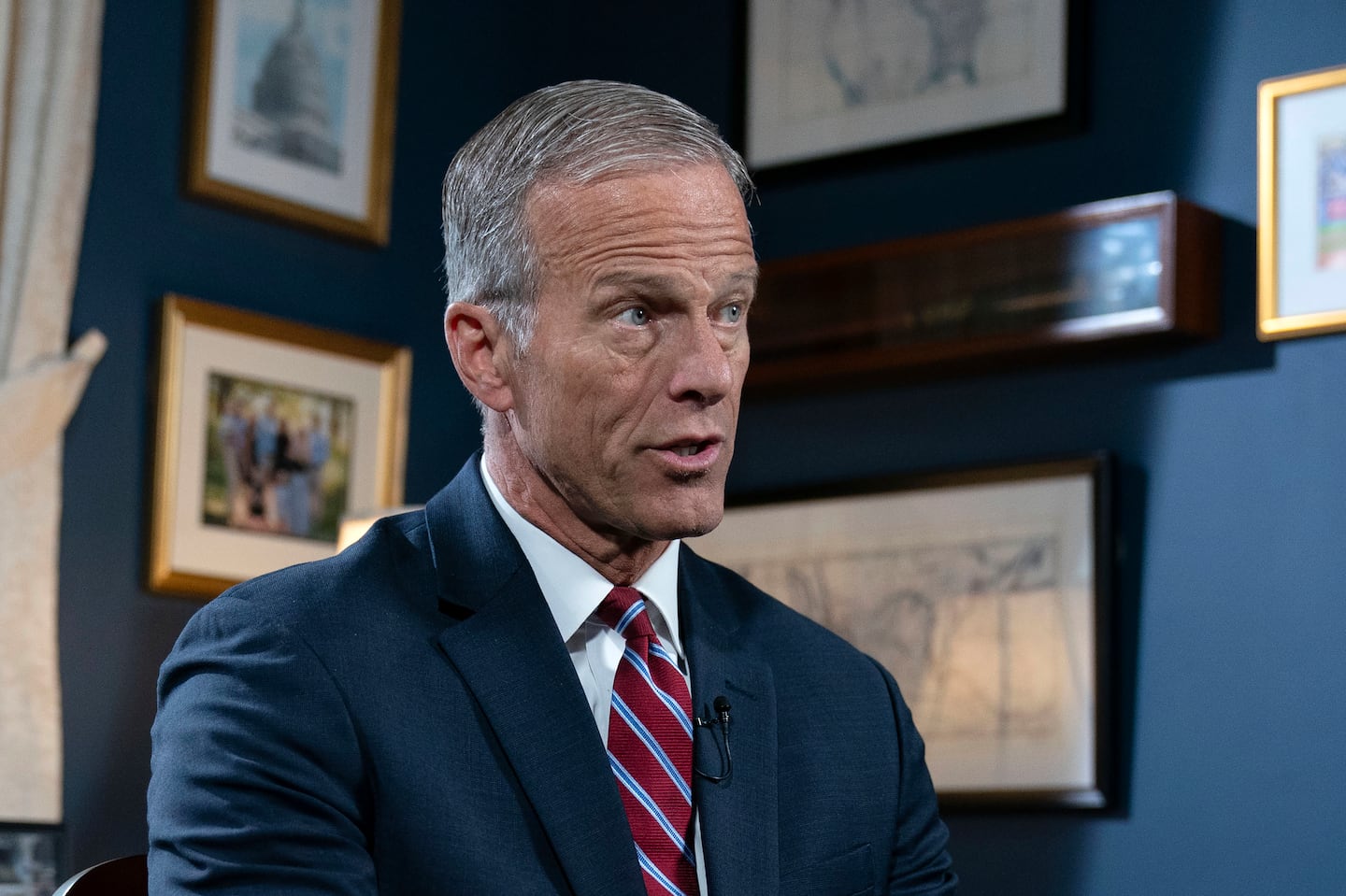 Senate Minority Whip John Thune speaks during an interview with The Associated Press at the Capitol in Washington, Wednesday, Sept. 11, 2024.