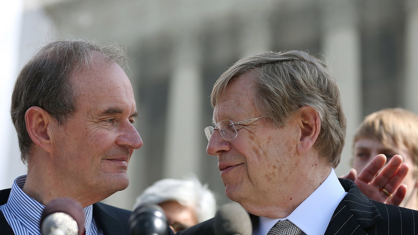 Mr. Olson (right), with lawyer David Boies in front of the US Supreme Court in 2013. The two would square off against each other in the 2000 Gore-Bush case and join forces to strike down California's law against same-sex marriage.