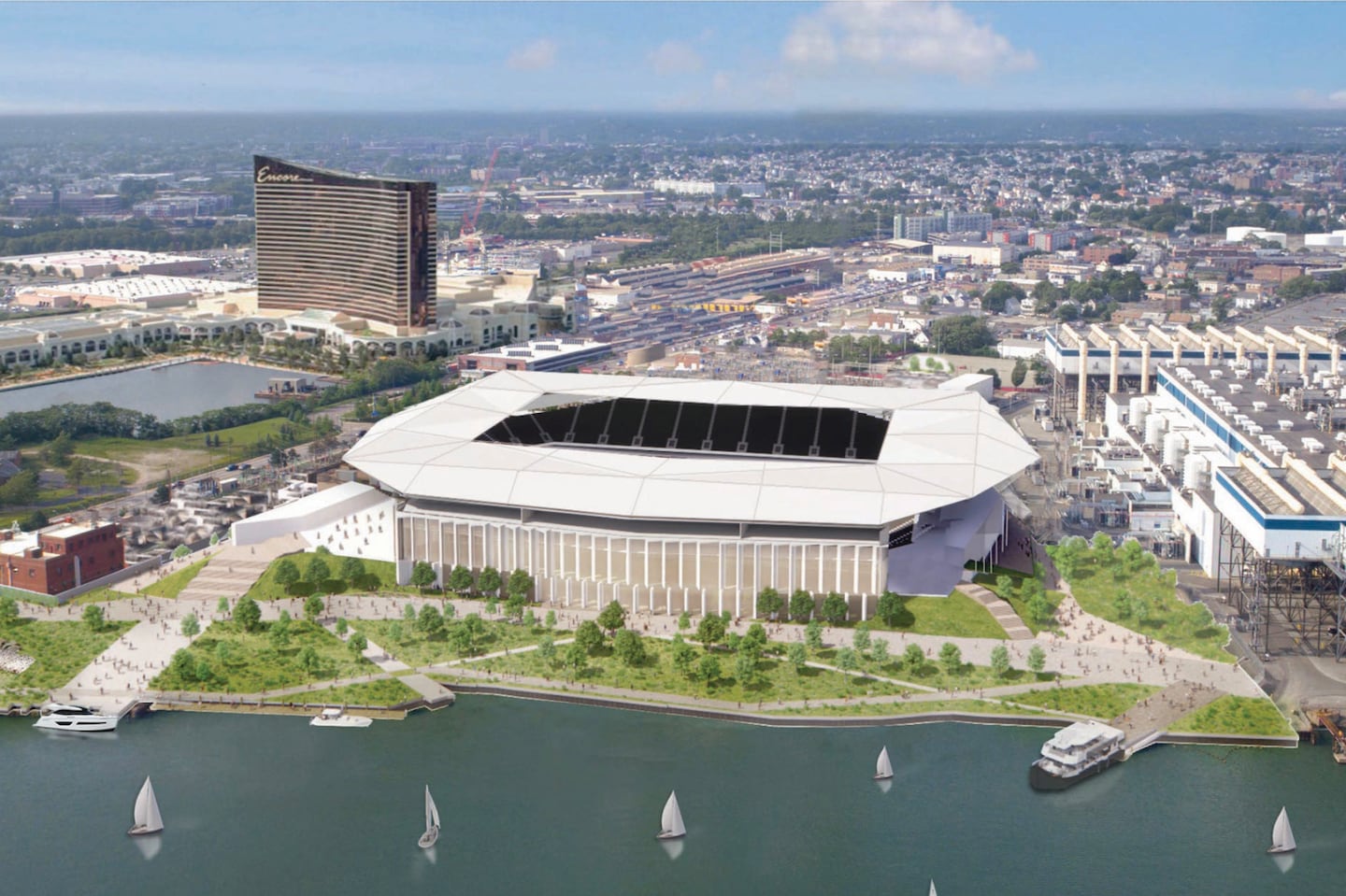 A rendering of the proposed soccer stadium along the Mystic River in Everett.