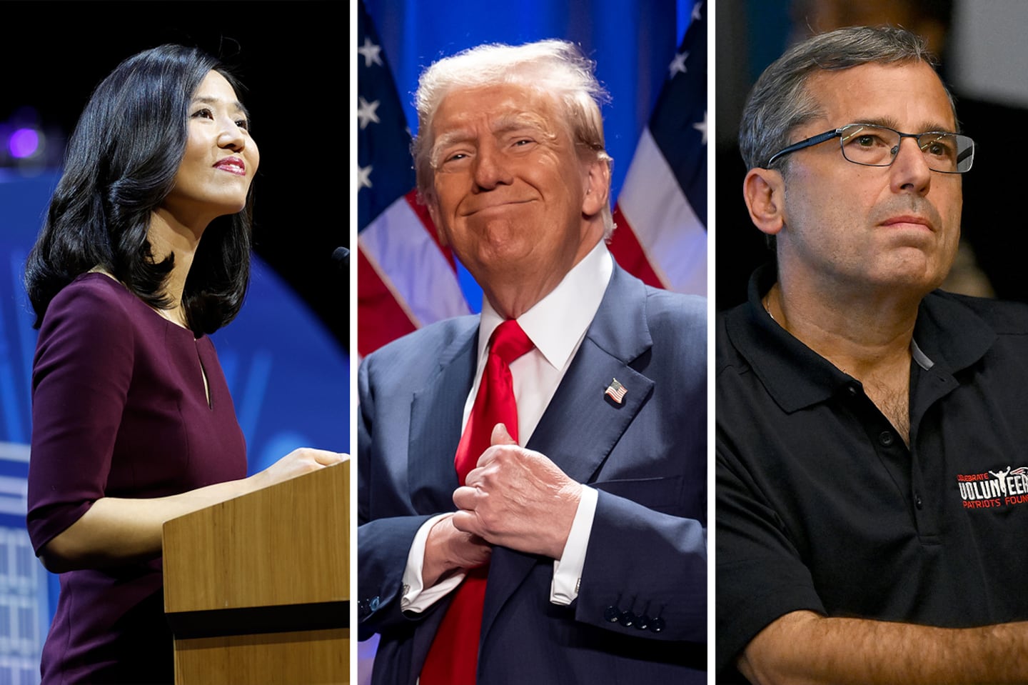 From left, Boston Mayor Michelle Wu, President-elect Donald Trump, and Josh Kraft.