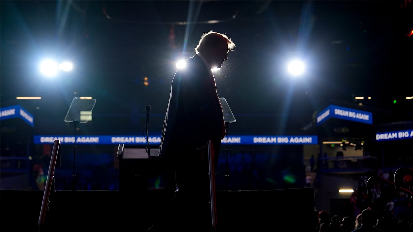 Republican presidential nominee former president Donald Trump walks from the podium after speaking at a campaign rally at Lee's Family Forum, Thursday, Oct. 31, 2024, in Henderson, Nev.