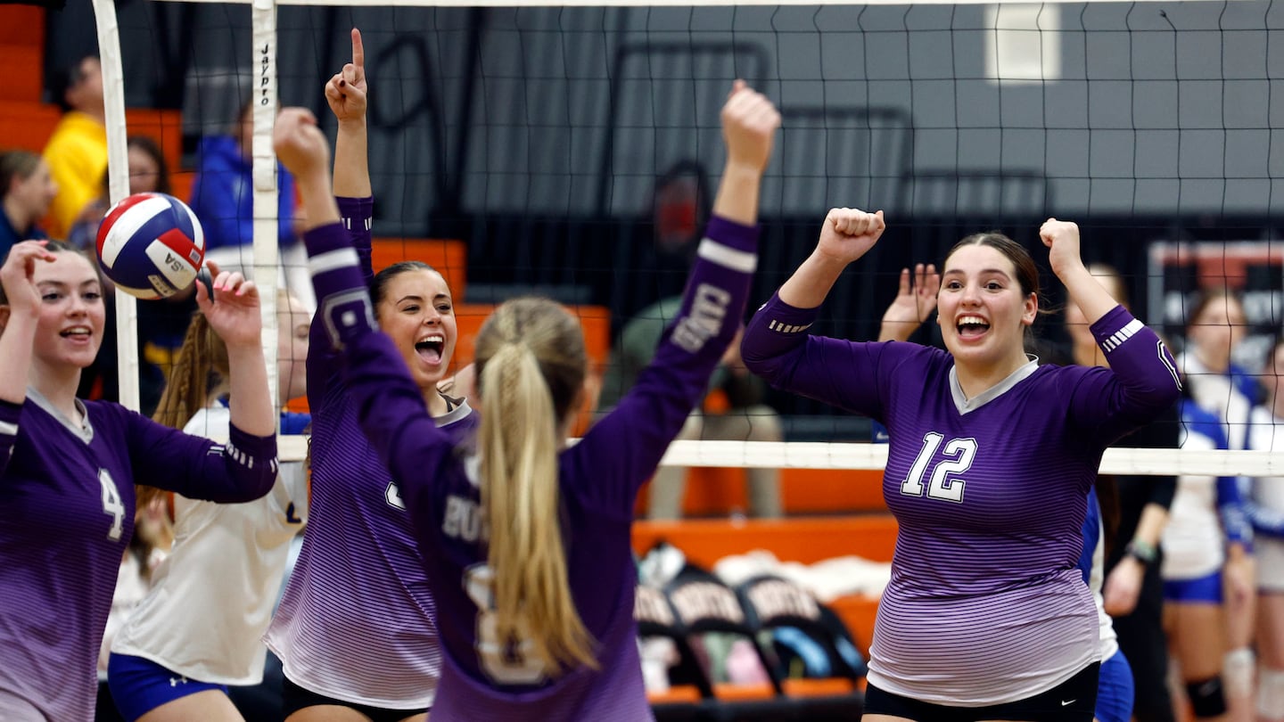 The Bourne girls' volleyball team celebrates its second-set victory in a 3-0 sweep of Whitinsville Christian in the Division 5 state final at Worcester North High School on Thursday night.