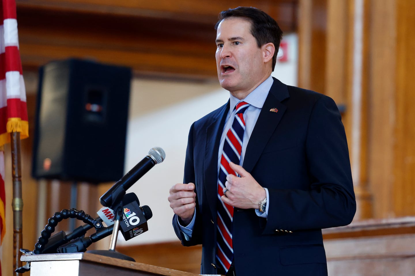 Congressman Seth Moulton spoke during a Veterans Day town hall event at Abbot Hall.