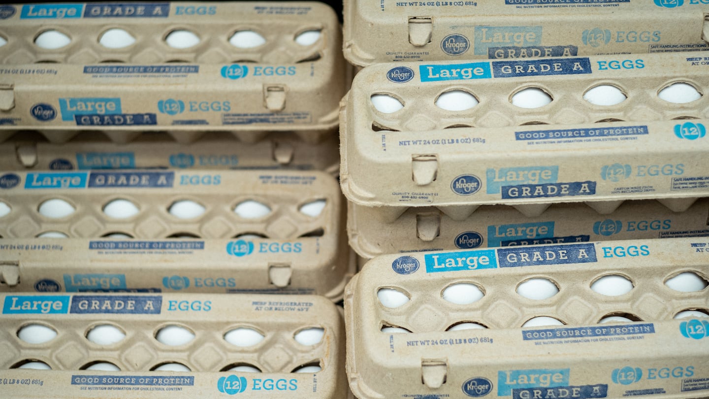 Cartons of eggs were arranged for sale in a Kroger grocery store in August 2022 in Houston.