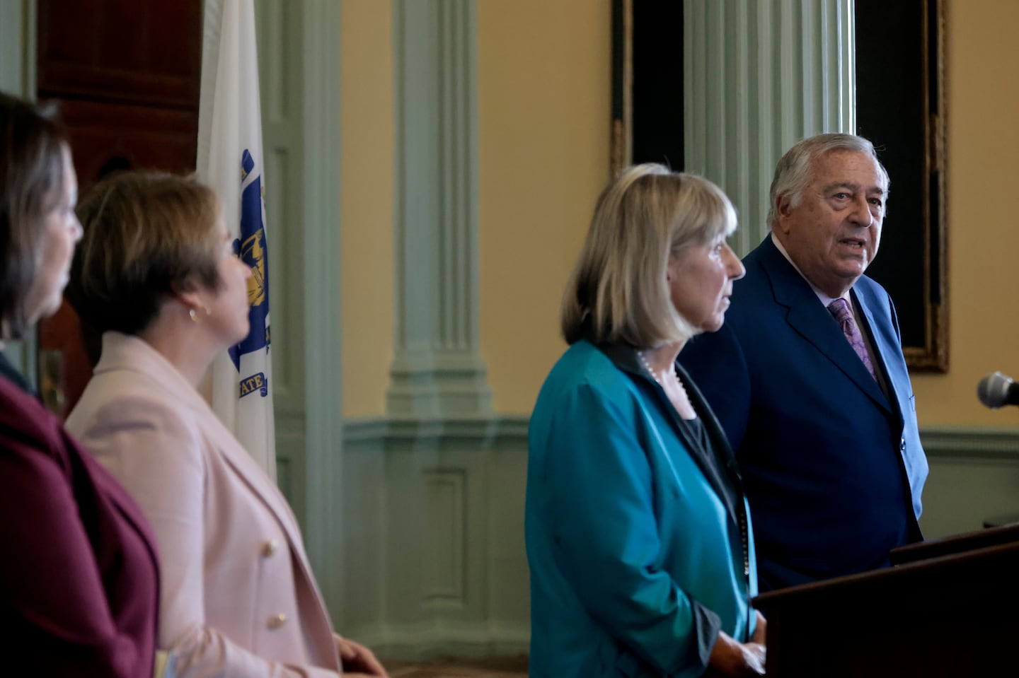 House Speaker Ron Mariano spoke after a leadership meeting with Lieutenant Governor Kim Driscoll, Governor Maura Healey, and Senate President Karen Spilka.