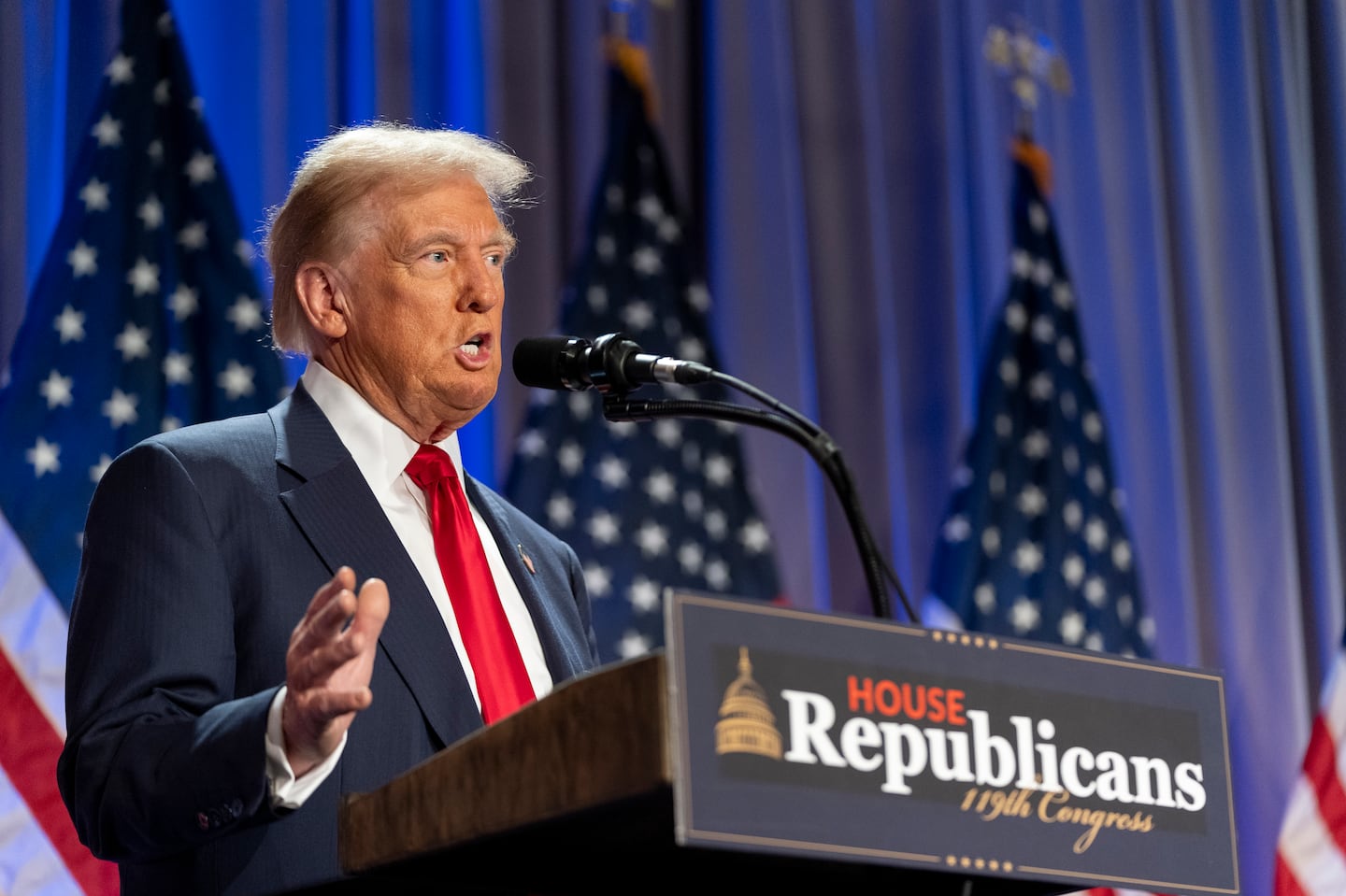 President-elect Donald Trump speaks at meeting of the House GOP conference, on Nov. 13, in Washington.