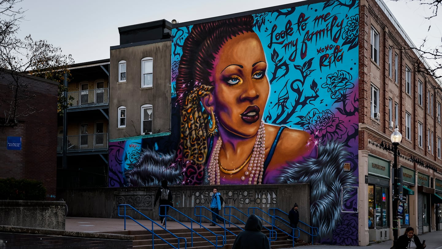 A memorial mural of Rita Hester, who was murdered in 1998, was seen on a wall at 506 Cambridge St. in Allston, near where she lived. Her death inspired the creation of Transgender Day of Remembrance.