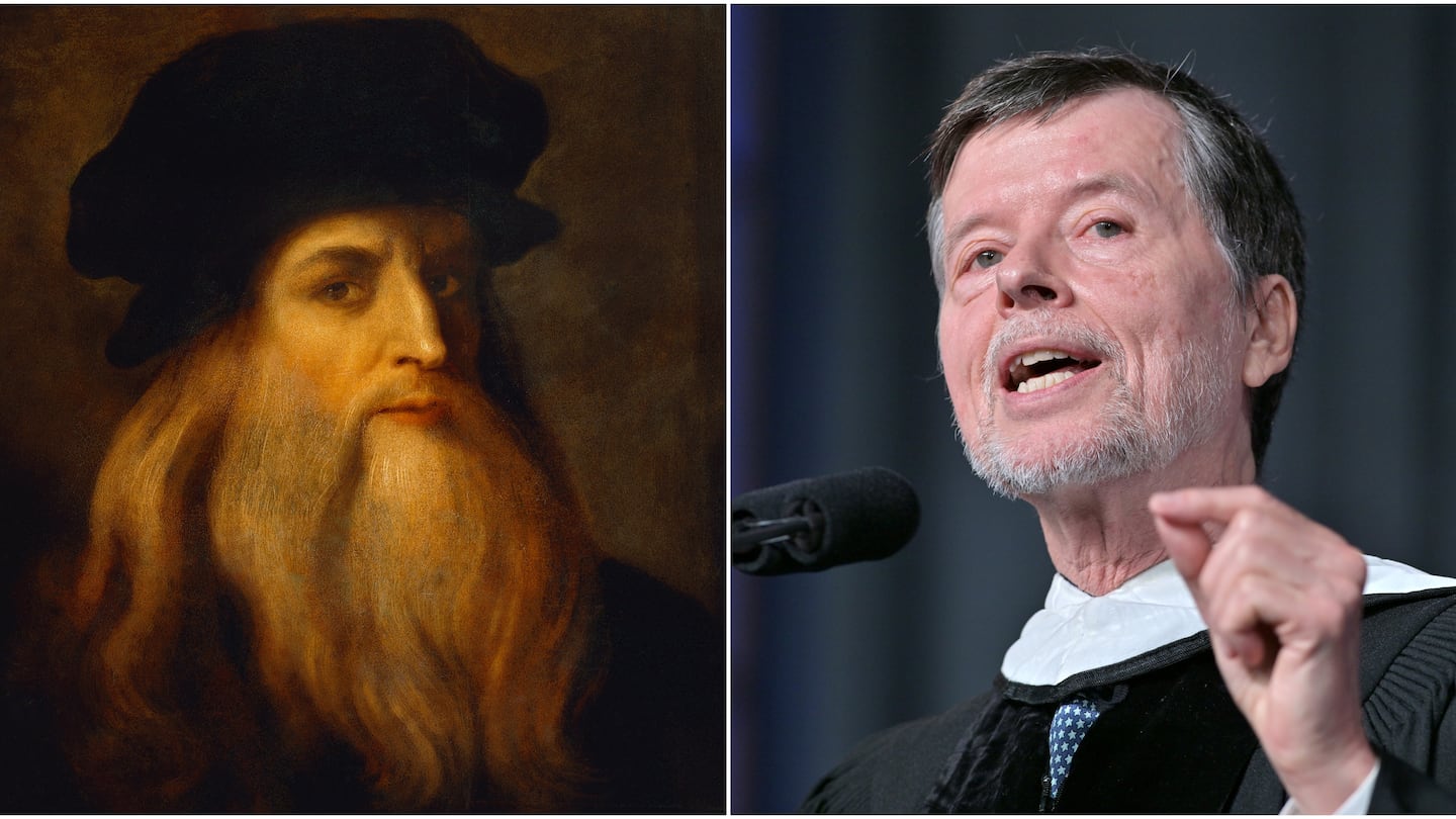 This combination of photos shows a portrait of Leonardo da Vinci by an unknown circa the 16th century and filmmaker Ken Burns, during his commencement speech at Brandeis University on May 19.