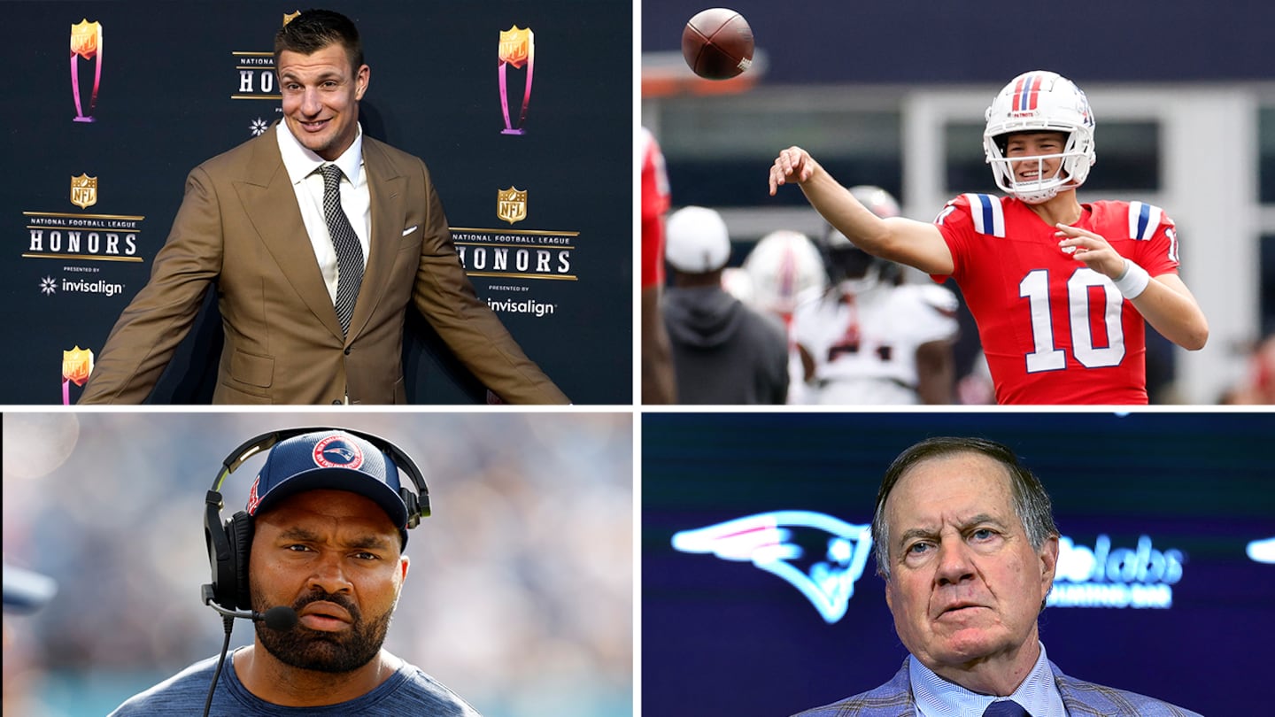 Clockwise, from top left, former New England Patriots TE Rob Gronkowski, QB Drake Maye, former head coach Bill Belichick and current head coach Jerod Mayo. (Globe and AP Photos)