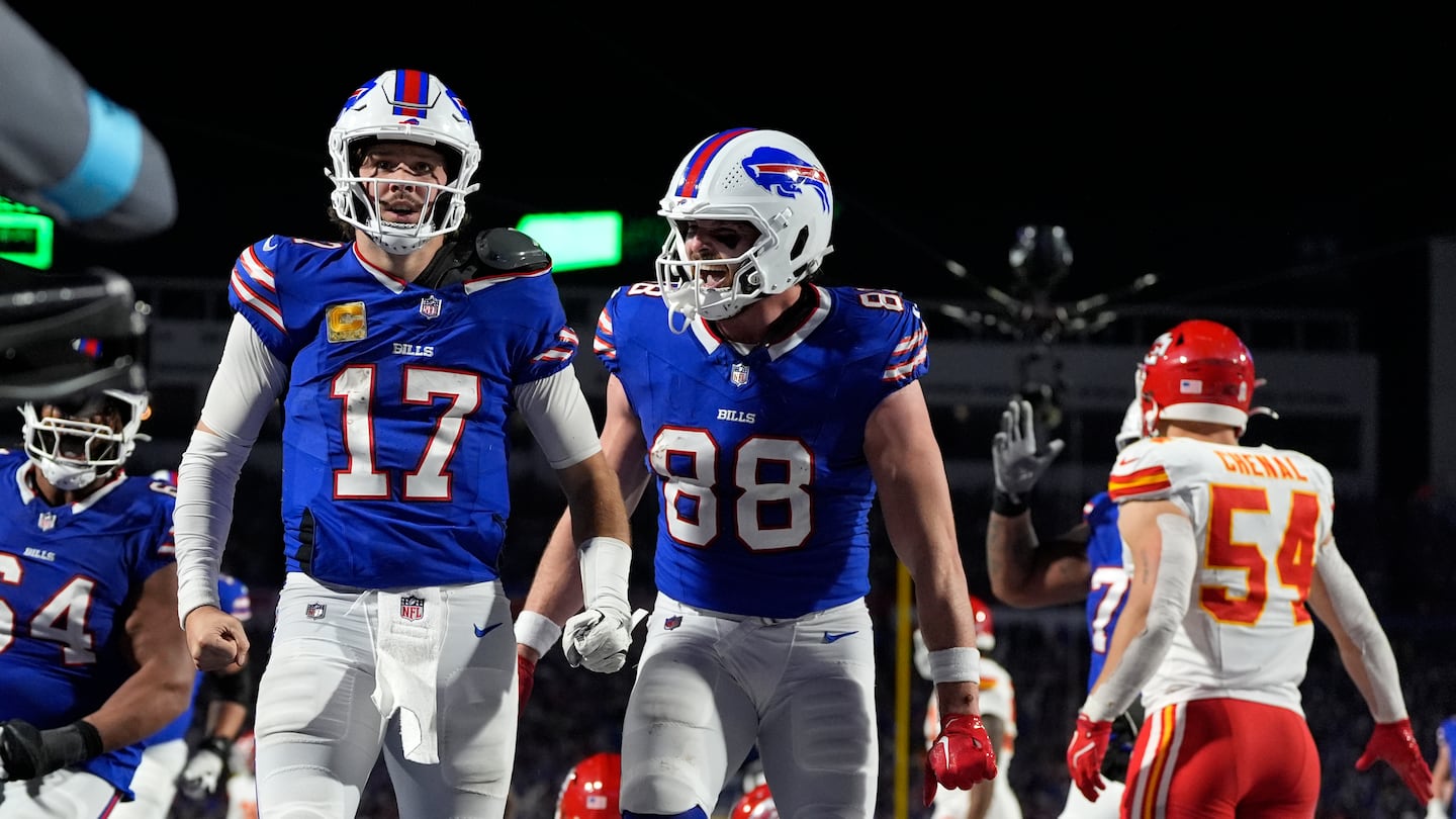 Josh Allen got congratulations from teammate Dawson Knox on Sunday as he evened his record to 4-4 (including playoffs) against the two-time defending champion Chiefs.