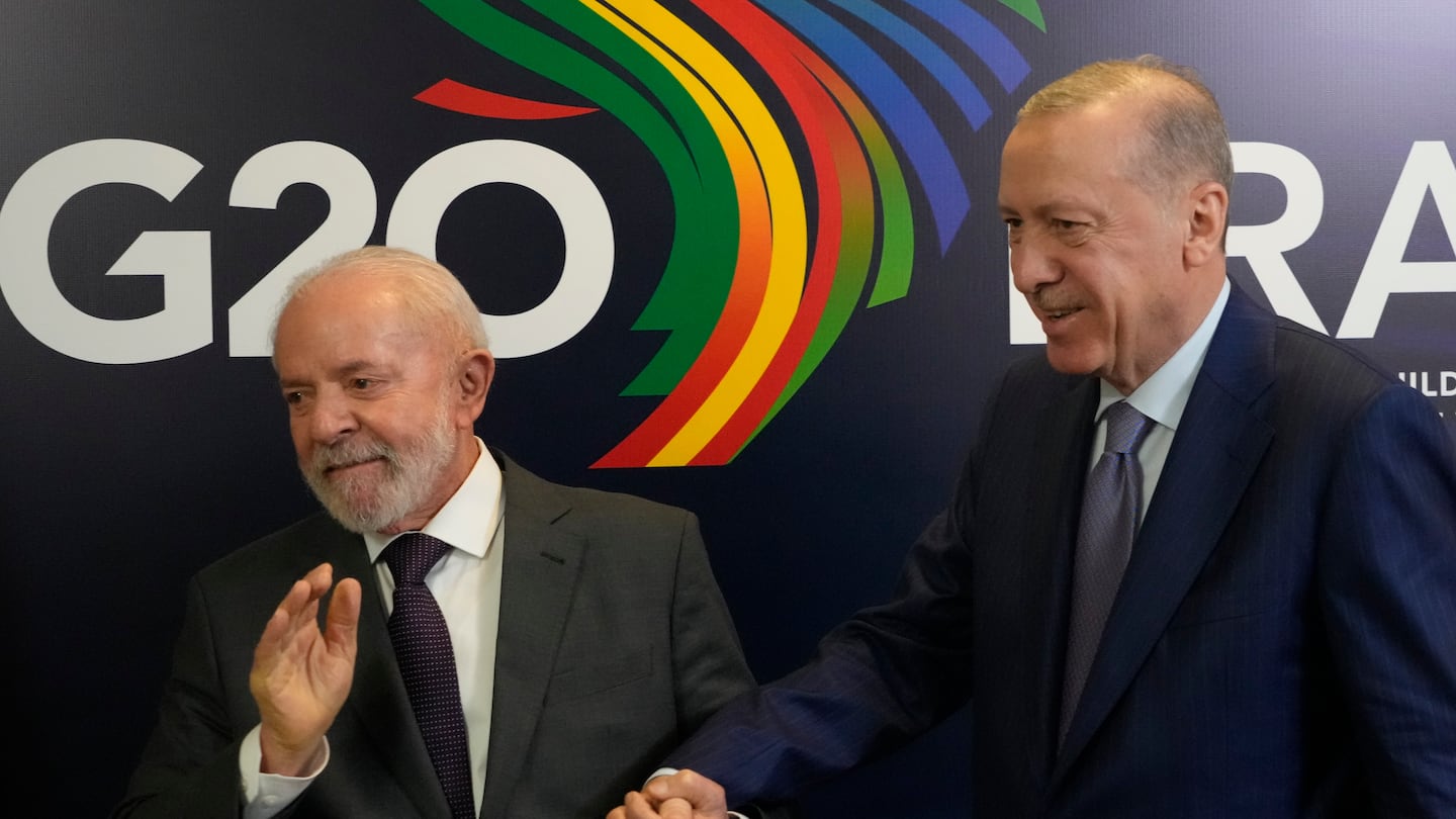 Brazil's President Luiz Inacio Lula da Silva, left, and Turkey's President Recep Tayyip Erdogan, walk during a bilateral meeting a day before the opening of the G20 Summit, in Rio de Janeiro, on Nov. 17.