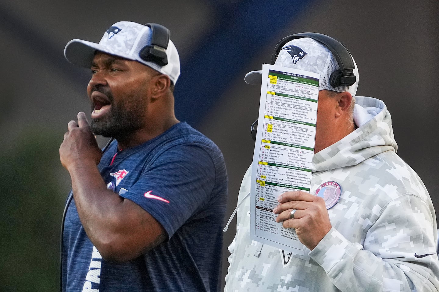 Jerod Mayo (left, with offensive coordinator Alex Van Pelt) played it safe against the Rams, and paid for it.