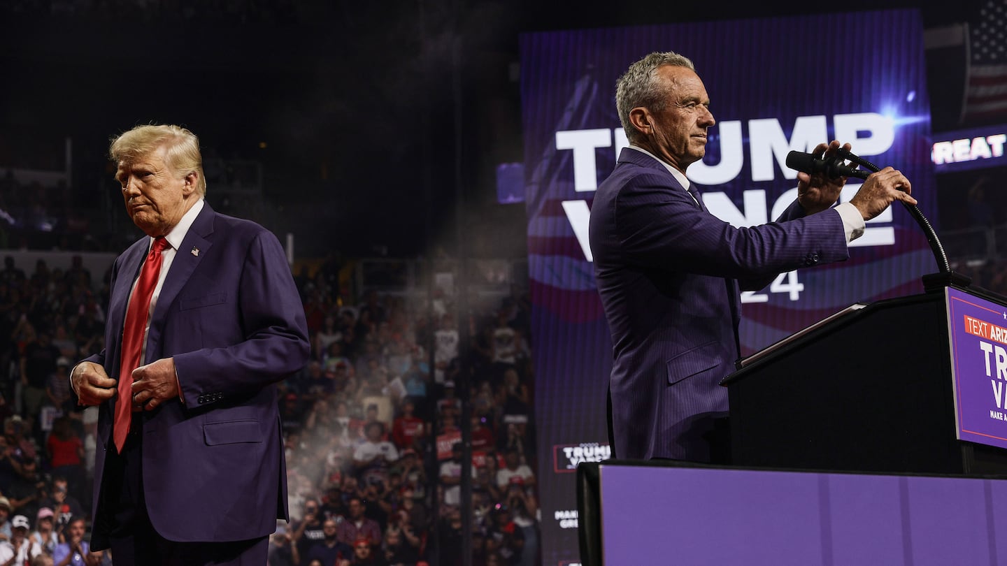 Former president Donald J. Trump and Robert F. Kennedy Jr. onstage at the Desert Diamond Arena in Glendale, Ariz., Aug. 23, 2024.