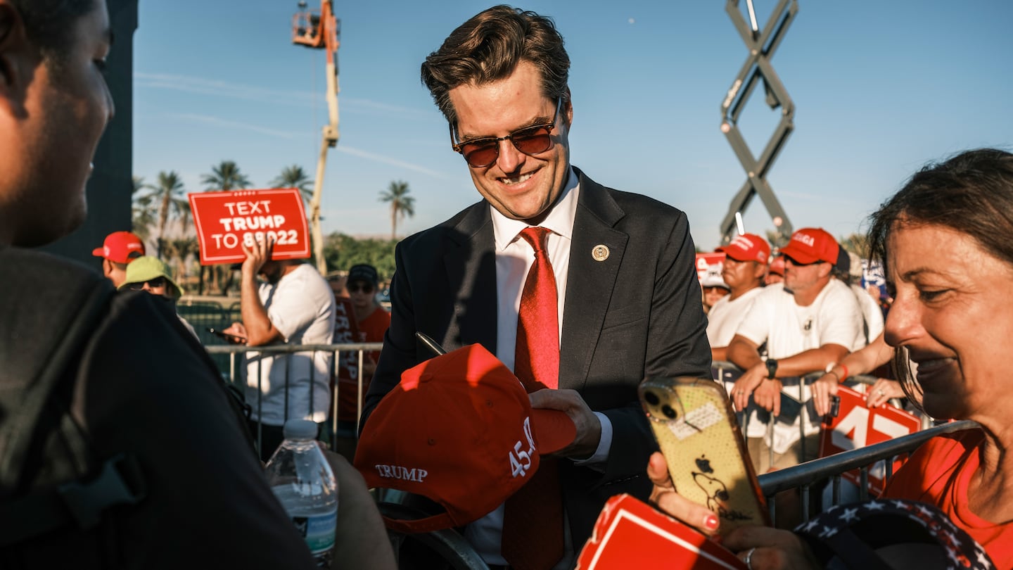 Matt Gaetz spoke with attendees during a campaign rally for Donald Trump in Coachella, Calif., on Oct. 12.