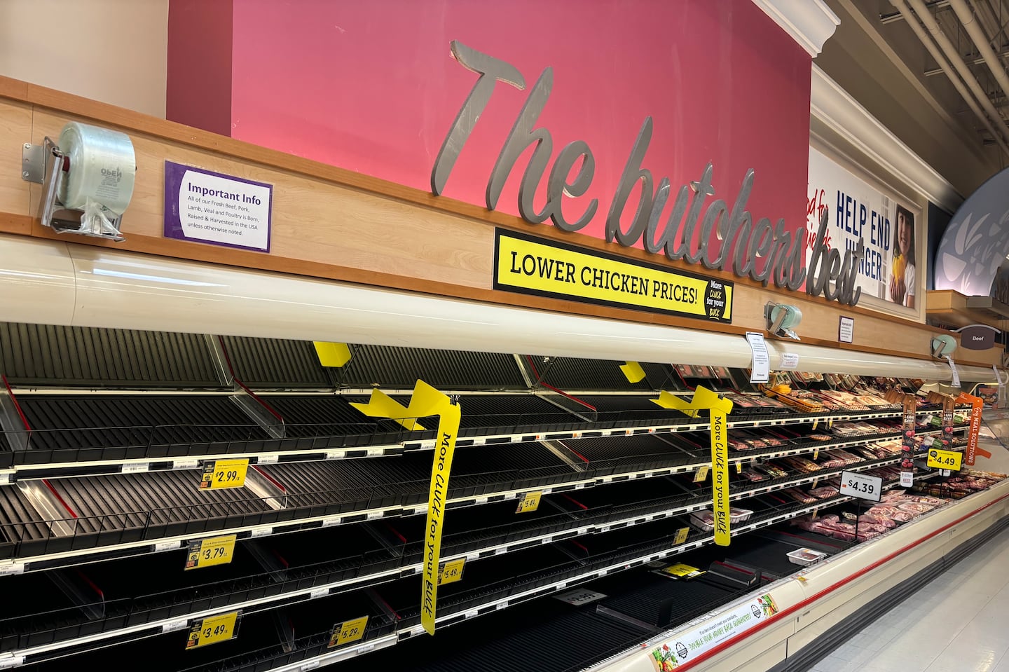 Chicken shelves were empty Sunday at the Stop & Shop in Hyde Park.