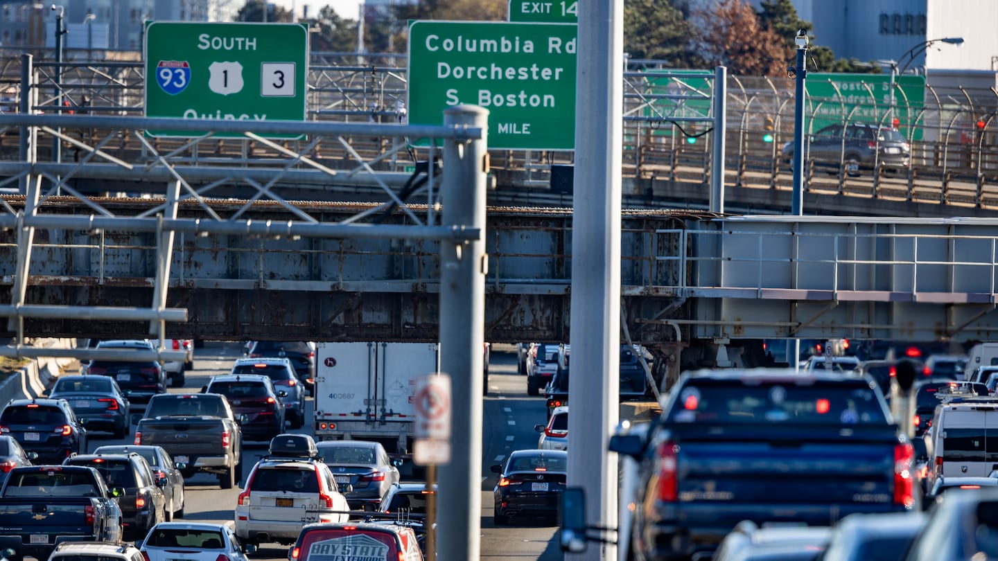 Traffic crawls on a jammed Interstate 93 South in Boston ahead of Thanksgiving Day in 2021.