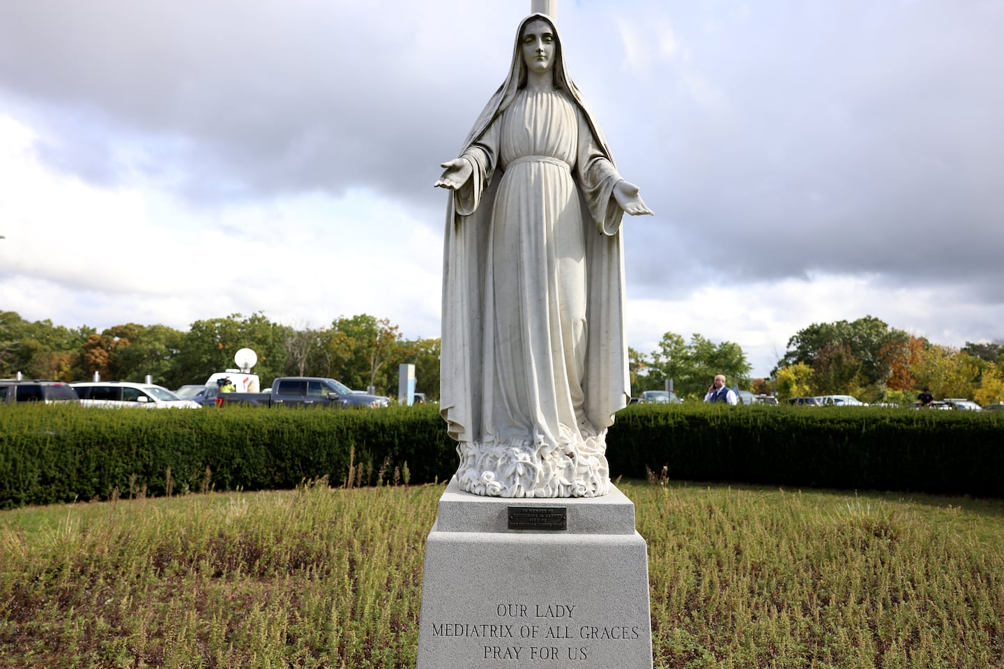 A statue of the Virgin Mary stood outside of Holy Family Hospital, which has been taken over by Lawrence General Hospital. The hospital is in talks over plans to return religious items and rename its two campuses in Haverhill and Methuen.