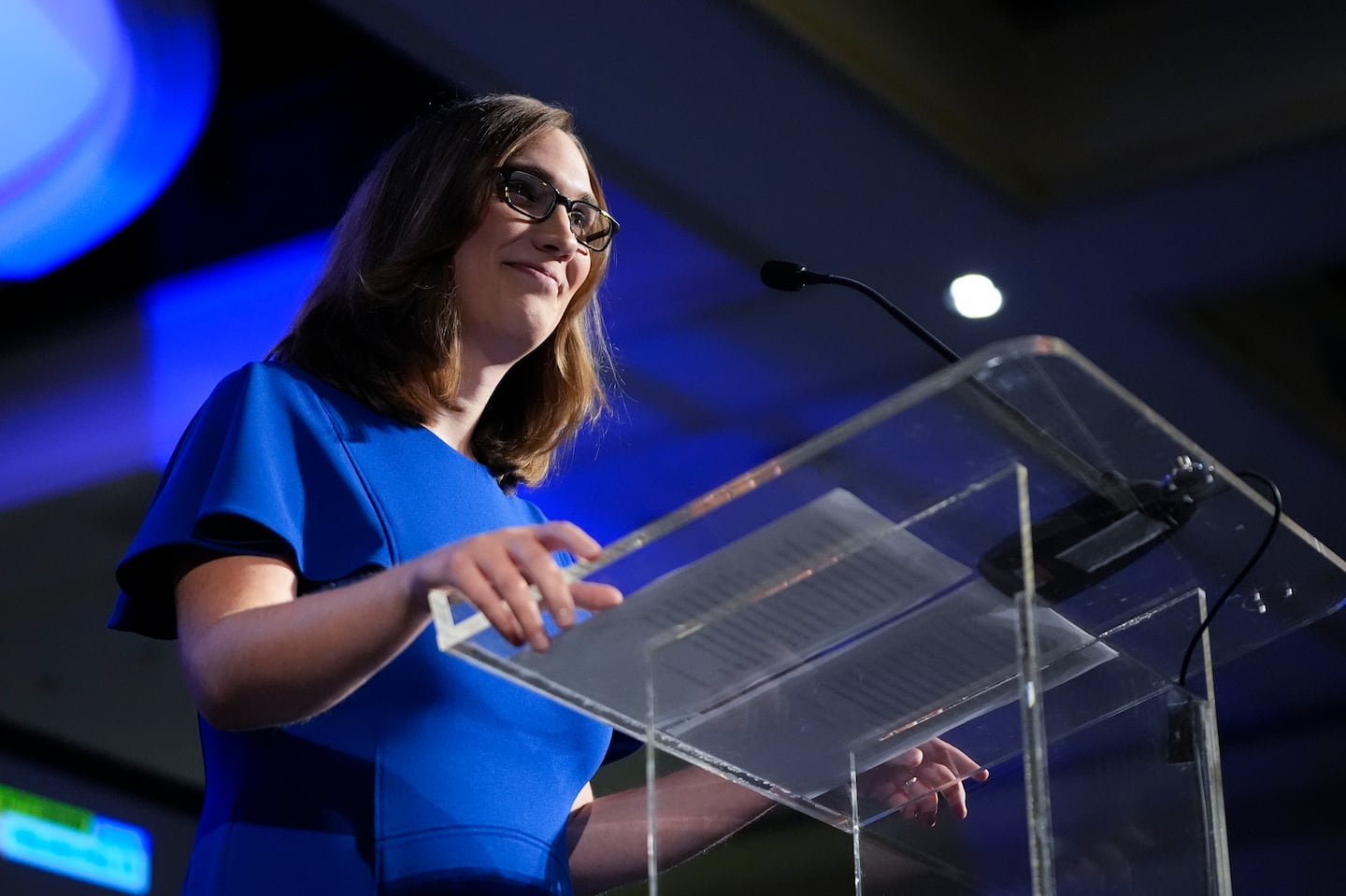 Representative-elect Sarah McBride, of Delaware, at a Wilmington, Del., election night watch party. McBride, who is the first openly transgender person elected to Congress, is the stated target of a "bathroom bill" introduced by Rep. Nancy Mace of South Carolina.